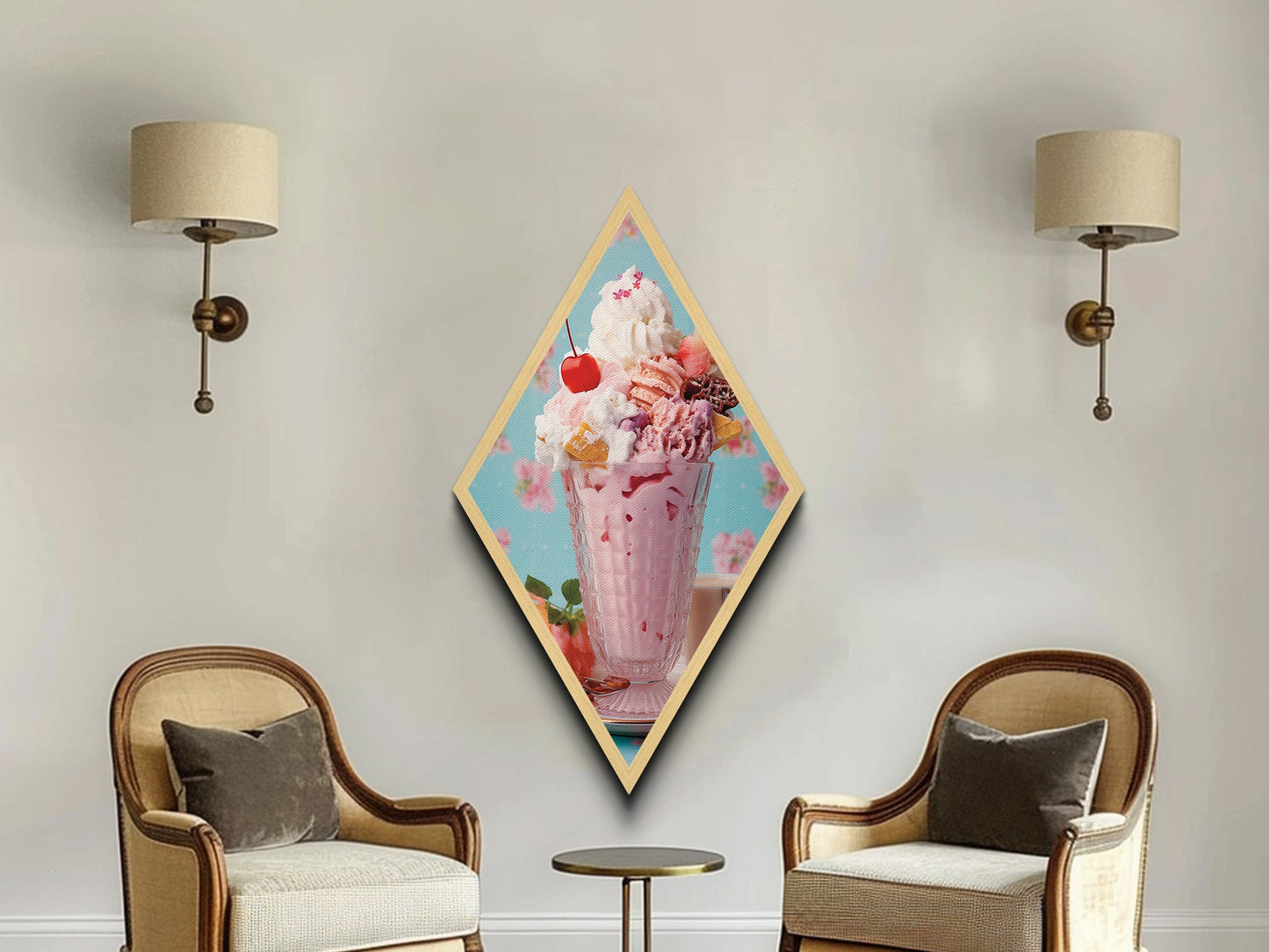 Retro Ice Cream Sundae – Canvas Art Print Whimsical Dessert Wall Decor, Pastel Kitchen Art, Diamond Shaped Sweet Treats Pop Art