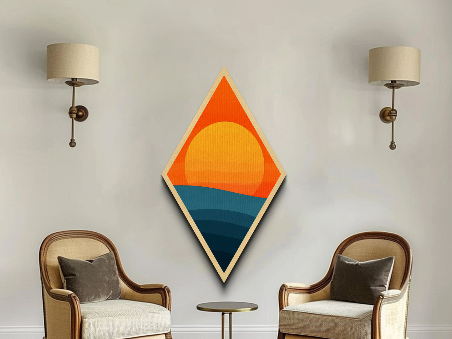 Sunset Radiance Horizon Diamond Shaped Canvas Textured Print with bold orange sun minimalist landscape warm earth tones geometric wall decor