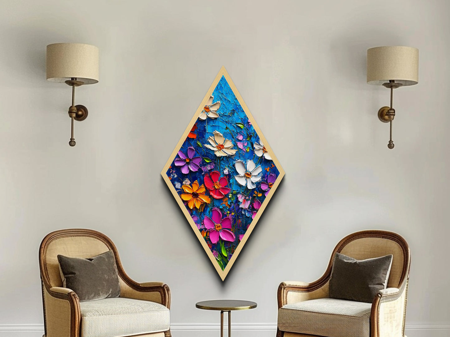 Blue Blossom Pop — Diamond Shaped Canvas Textured Print makes a lively statement in bathroom or hallway with bold floral palette knife design