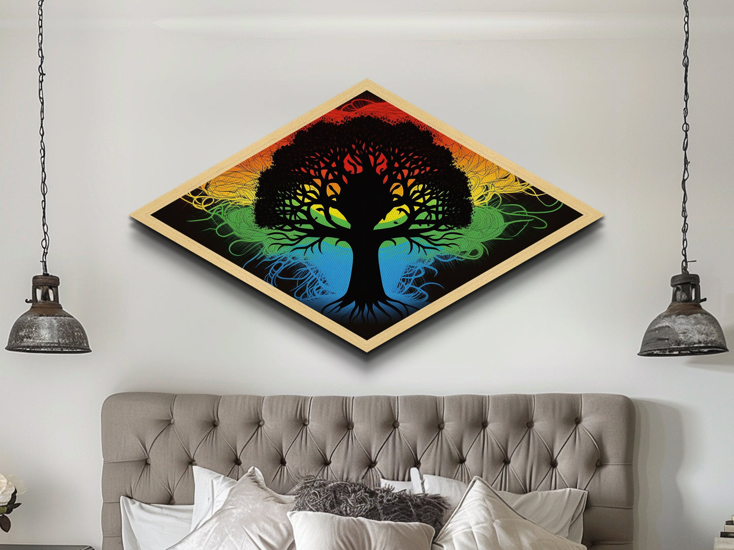 Prism Tree of Life – Diamond Shaped Rainbow Roots Silhouette Canvas Art Print with psychedelic tree, colorful energy, and abstract style