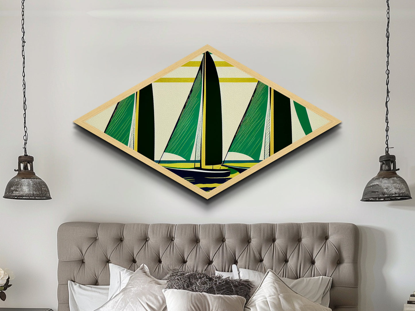Abstract Sail Wind – Diamond Shaped Canvas Textured Print with retro sailboat geometry, green yellow nautical minimalist coastal theme