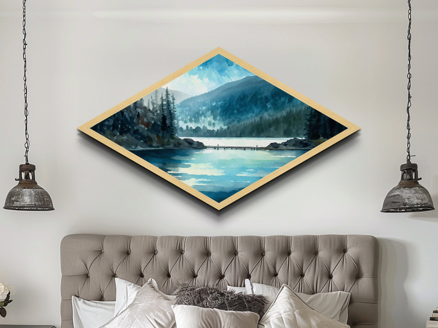 Misty Lake Retreat – Diamond Shaped Canvas Textured Print with tranquil blue waters, evergreen reflection scene, peaceful nature wall art