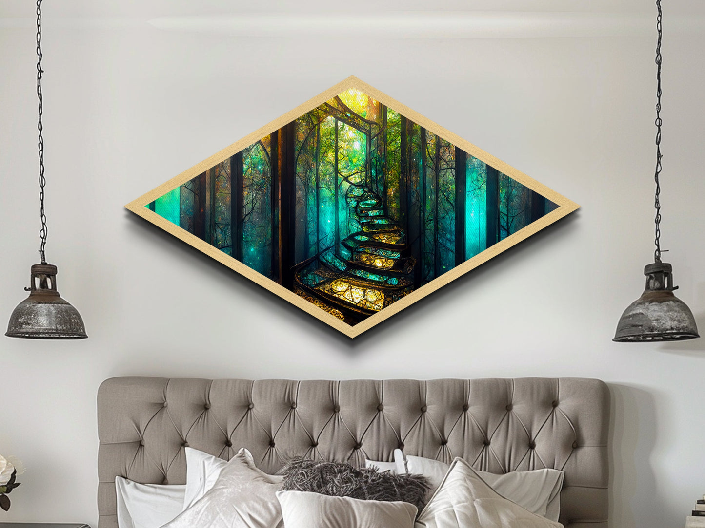 Magic Forest Portal Diamond Shaped Canvas Textured Print, fantasy woodland entrance art, colorful ethereal tree landscape print