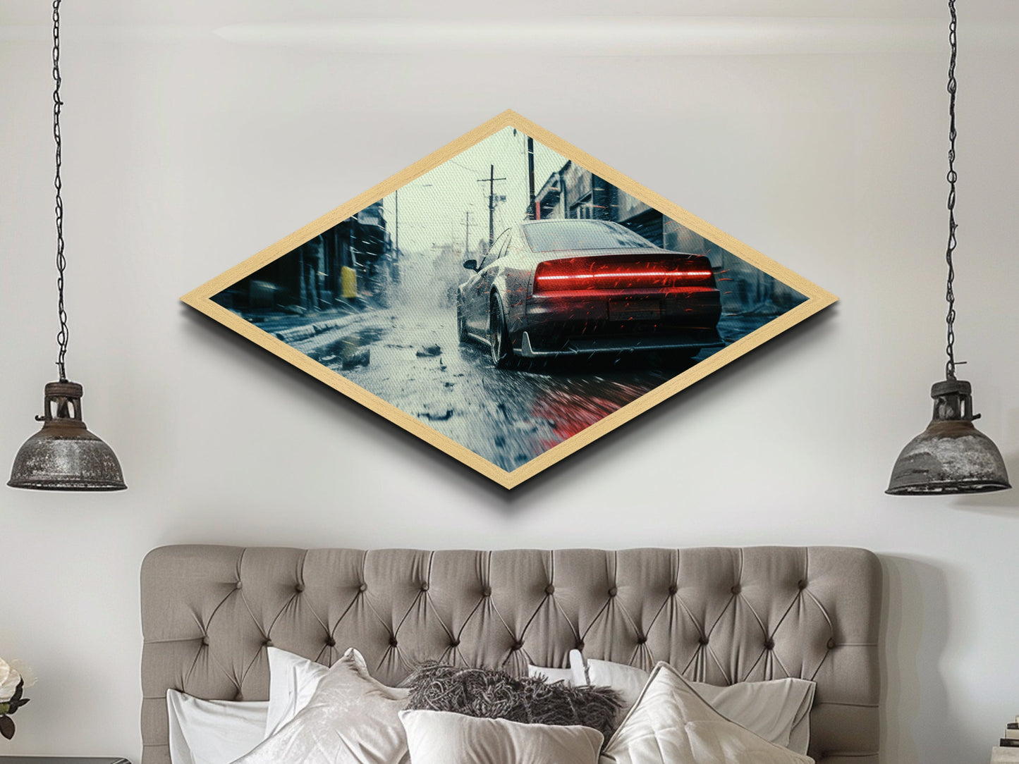 Diamond Shaped Street Racer – Canvas Art Print with Gritty Urban Car Scene, Dark City Decor, Automotive Gift, Man Cave Wall Art