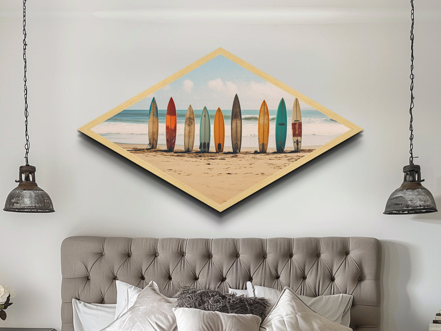 Coastal Surf Vibes Diamond Shaped Beach Canvas Art Print surfboards ocean retro seaside summer surf shack boho wall decor gift idea