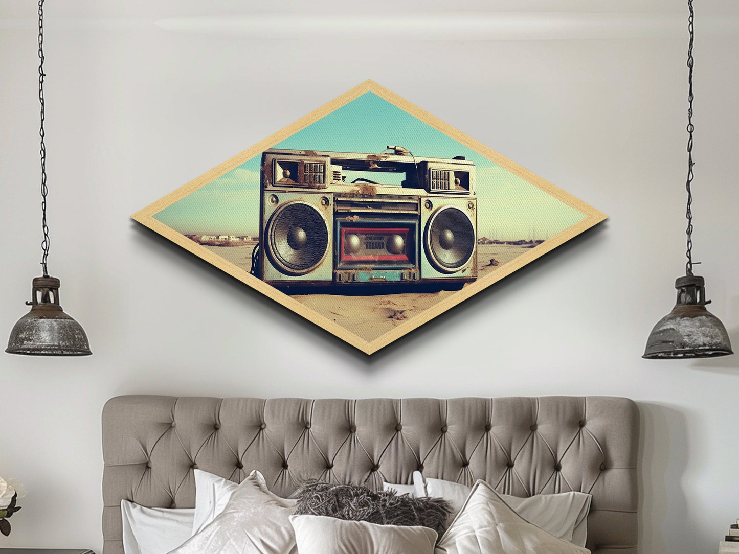 Boombox On Beach Diamond Shaped retro music lover Canvas Textured Print nostalgic 80s vibe beach sound decor man cave or dorm art