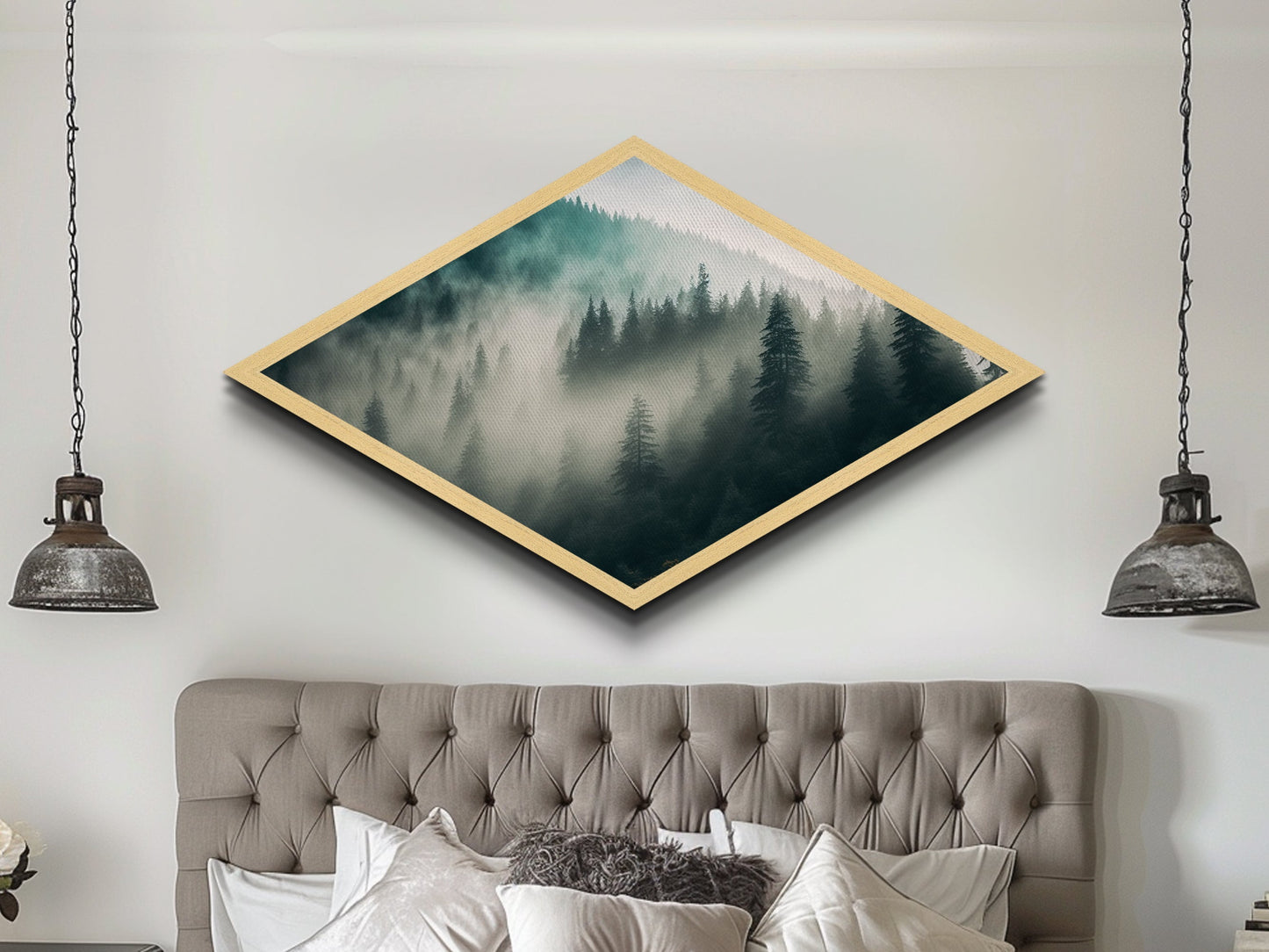 Misty Forest Layers Diamond Shaped Nature Landscape Canvas Textured Print Evergreen Pine Foggy Mountains Calm Woodland Tranquil Decor