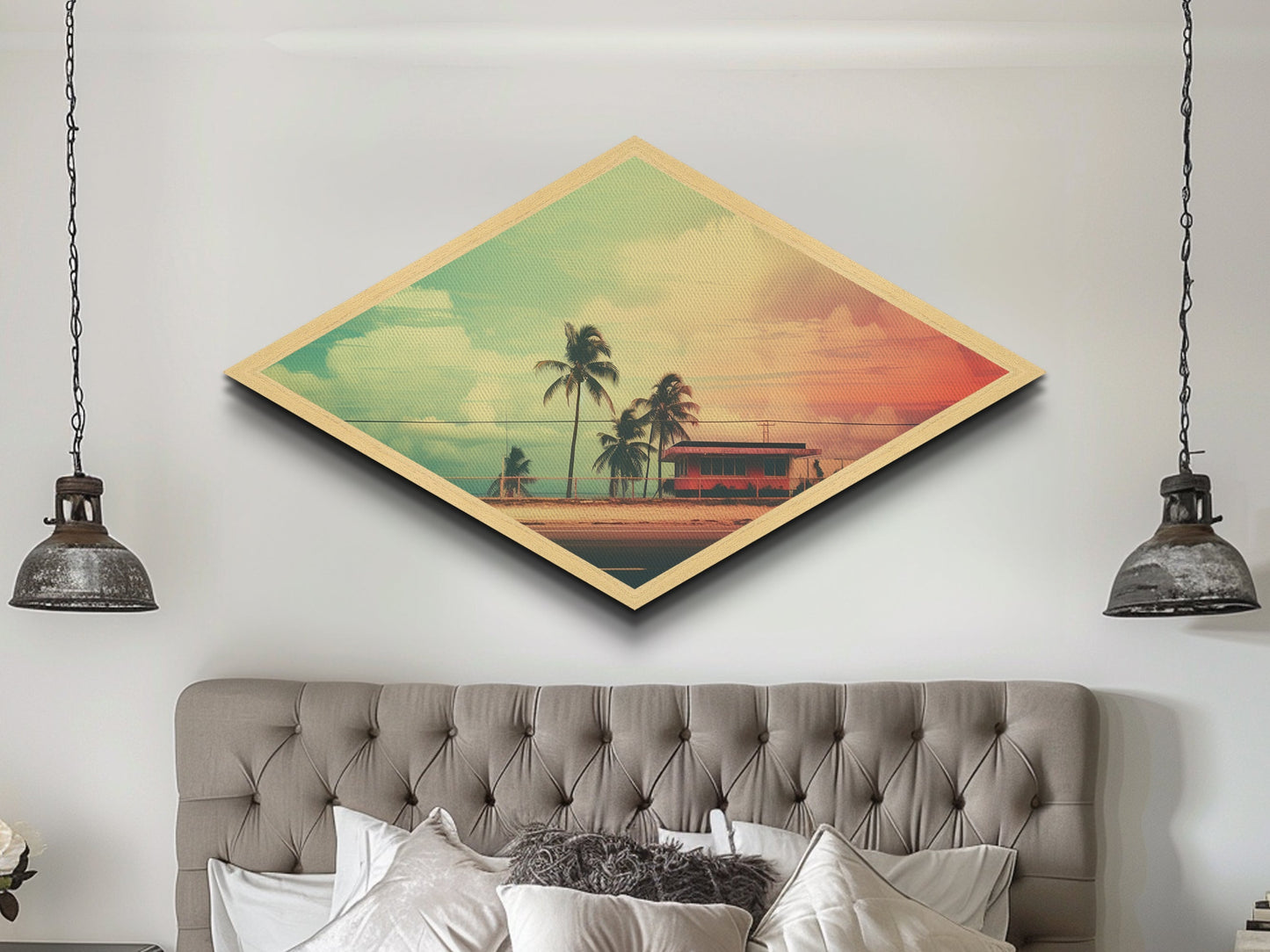 Sunset Beach Cabin — Diamond Shaped Canvas Textured Print retro coastal decor, midcentury beach wall art, vacation home aesthetic