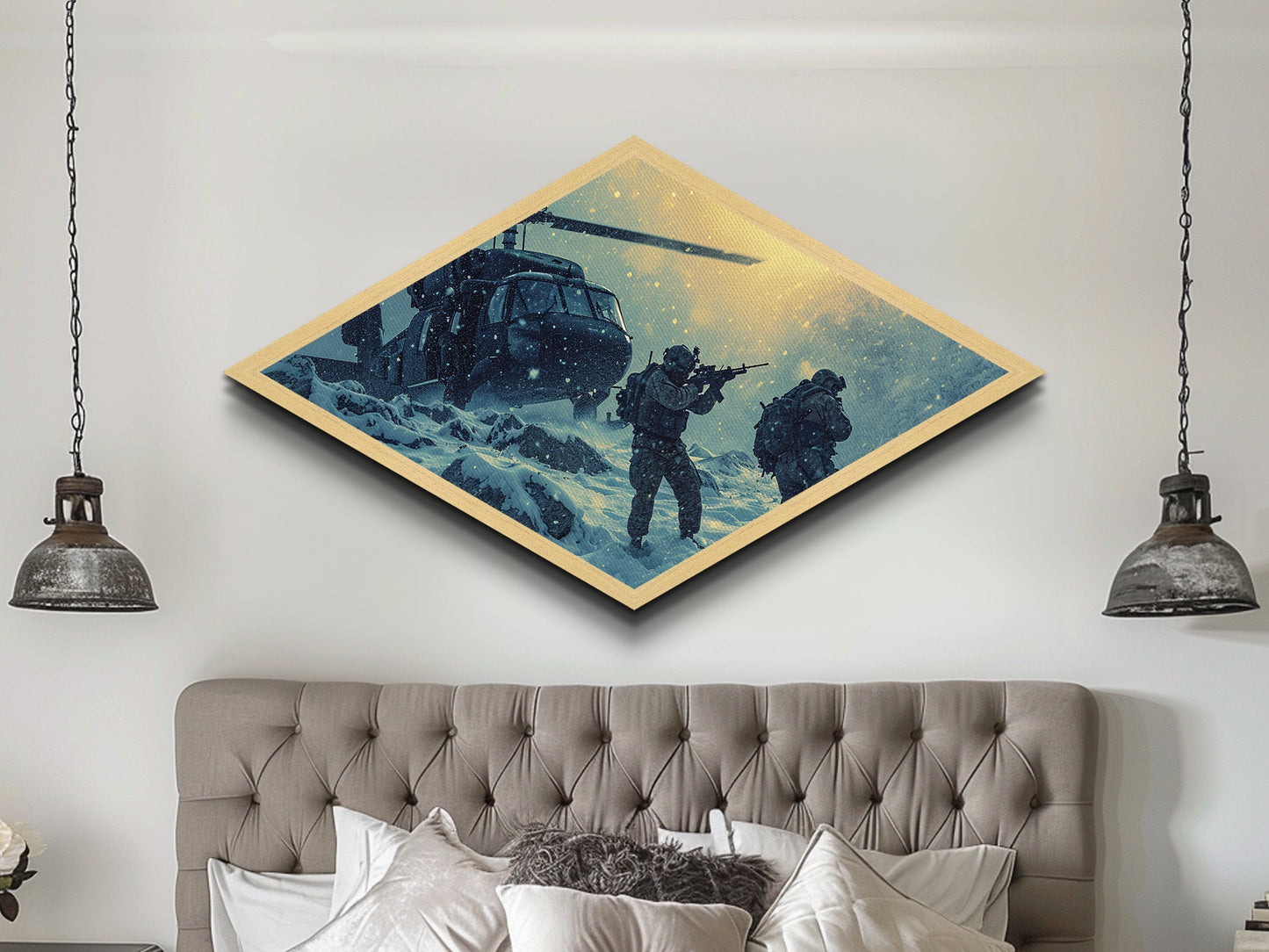 Snowfield Deployment — Diamond Shaped Canvas Textured Print army winter ops wall art, soldier gift, rustic adventure lodge accent