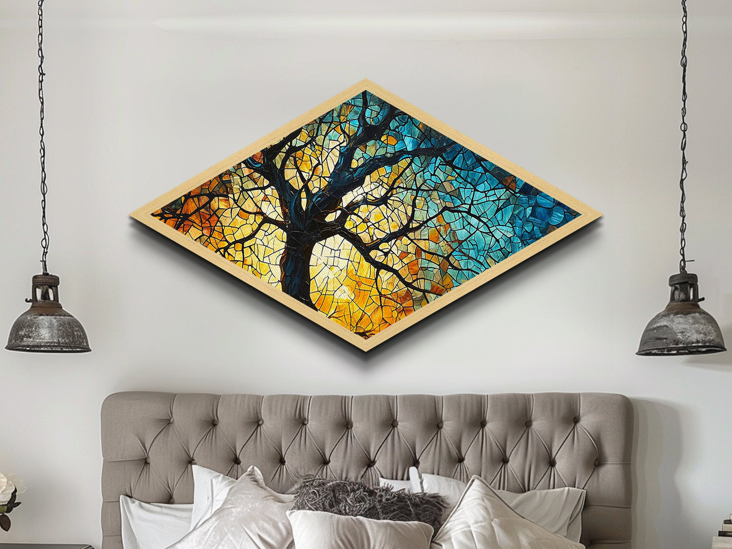 Branching Light Mosaic — Diamond Shaped Canvas Embossed Print glowing stained glass tree artwork, spiritual living room boho decor