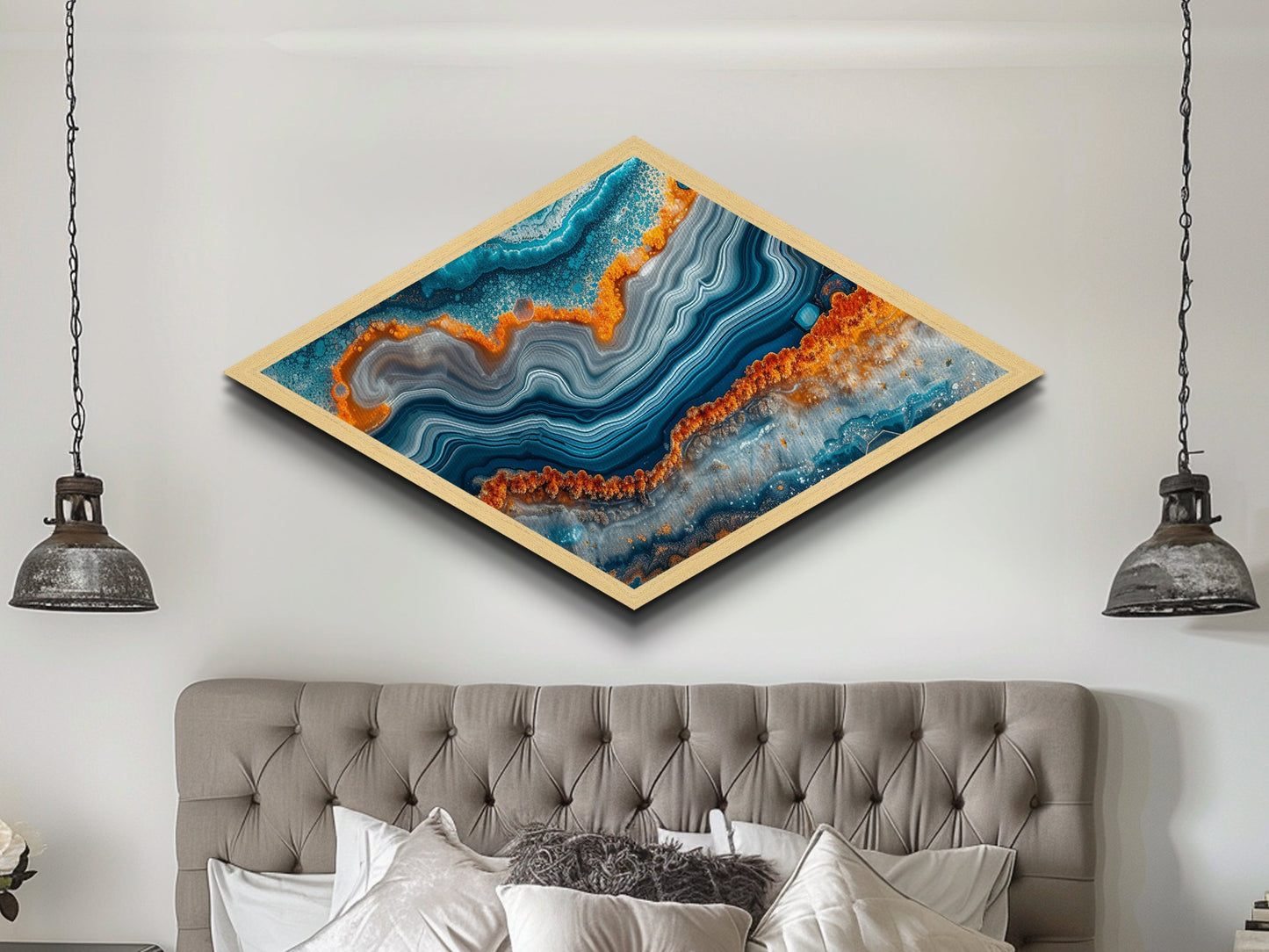 Aqua Flame Vein Diamond Shaped Canvas Textured Print Agate Crystal Slice Wall Decor Earth Tones Modern Bathroom Gift