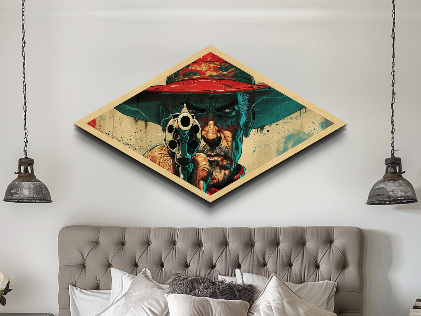 Western Gunman Gaze Diamond Shaped Canvas Embossed Print Pop Art Cowboy Portrait Bold Americana Wall Decor Man Cave Accent