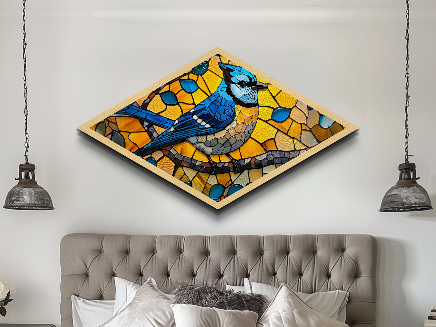 Stained Glass Bluejay Diamond Shaped Canvas Textured Print Bird Art Sunlit Window Look Nature Lover Gift Rustic Home Decor