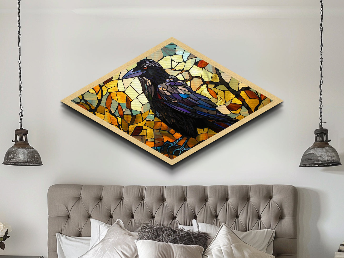 Raven Glass Shadows Diamond Shaped Canvas Art Print Stained Glass Crow Art Autumn Color Wall Decor Halloween Gothic Aesthetic