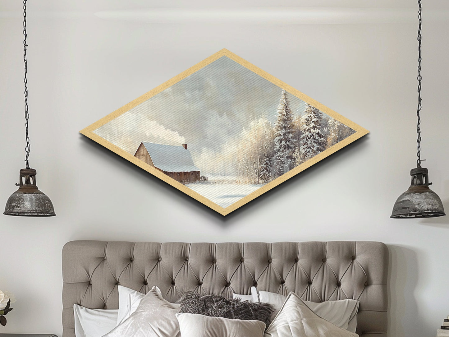 Snowy Cabin Peace – Diamond Shaped Canvas Textured Print rustic winter scene landscape wall art cozy Christmas lodge aesthetic decor
