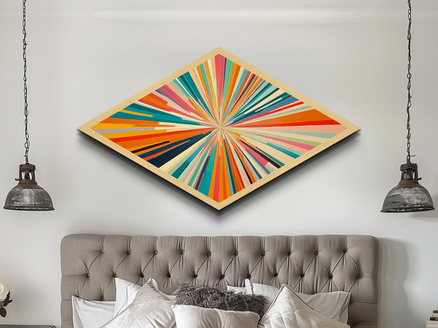 Kaleidoscope Burst Two Diamond Shaped Canvas Textured Print colorful abstract art pop modern rainbow rays living room statement