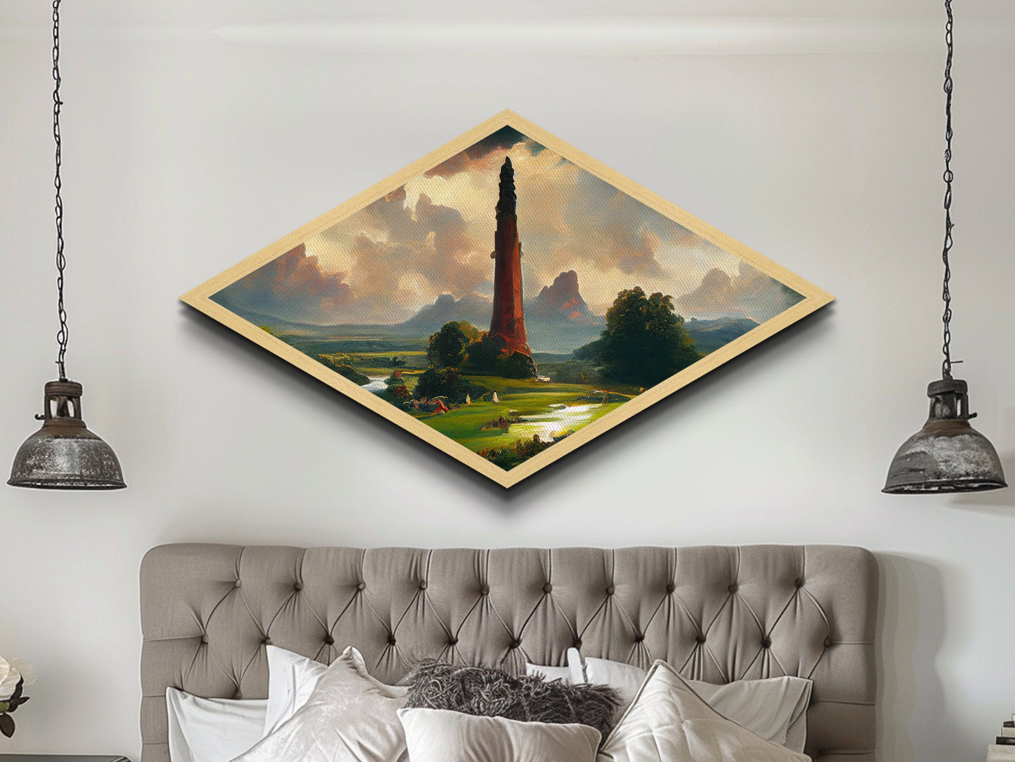 Towering Realm Scene Diamond Shaped Canvas Art Print, Mythic Landscape Fantasy Wall Decor, Romanticism Style Magical Nature View