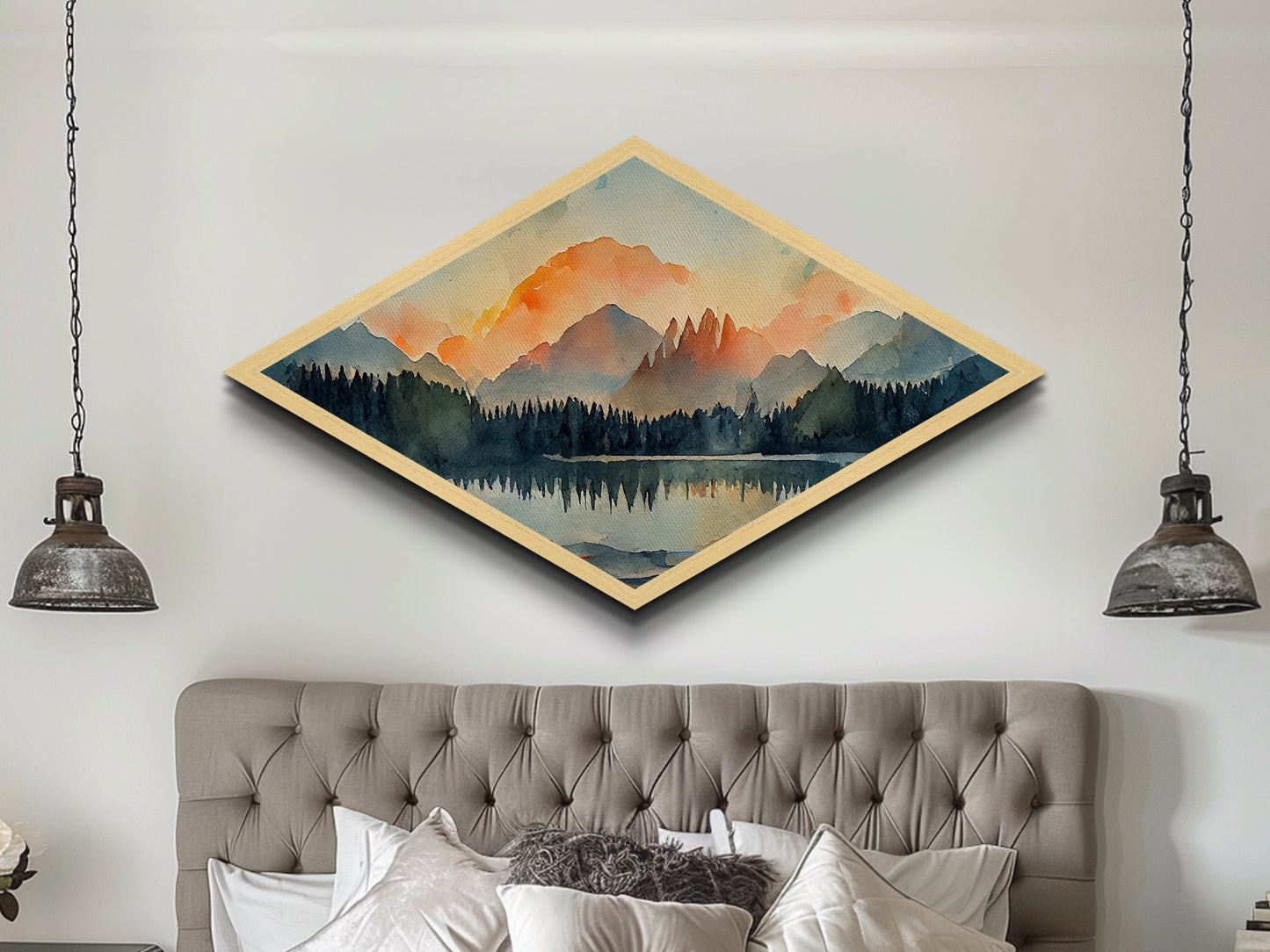Diamond Shaped Watercolor Painting of a Forest Fire, Canvas Art Print, Cool Living Room Art, Depressing Art, Landscape Painting