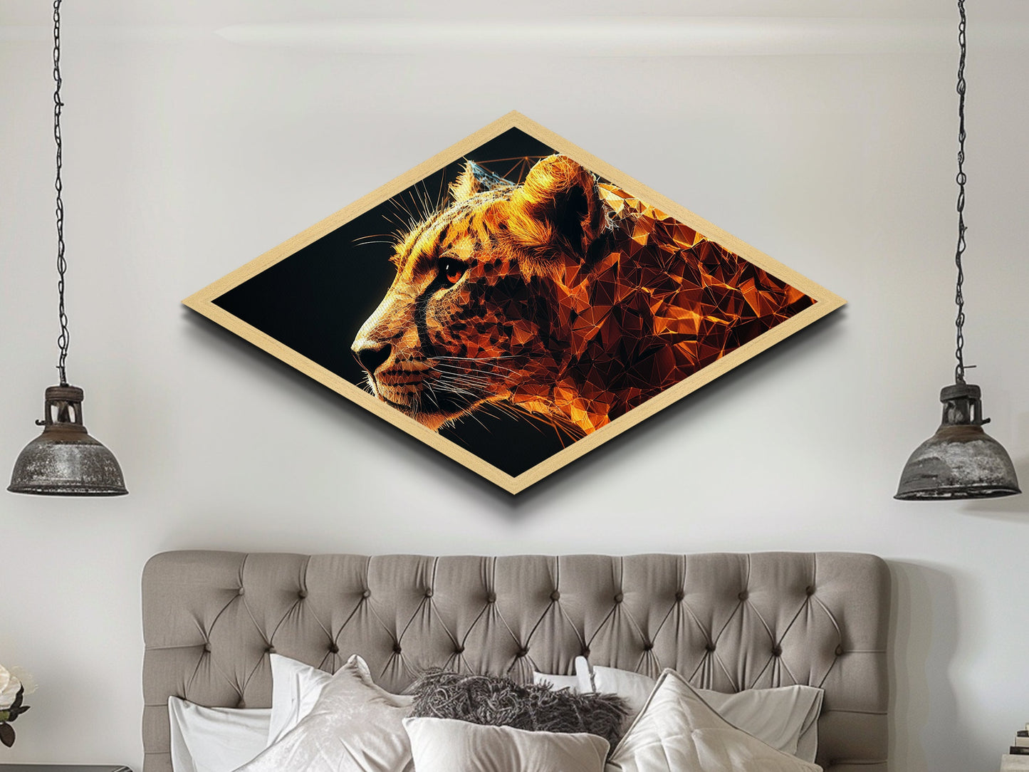 Prismatic Tiger Tech Diamond Shaped Canvas Embossed Print futuristic animal artwork digital geometric wild cat bedroom den or gamer wall piece