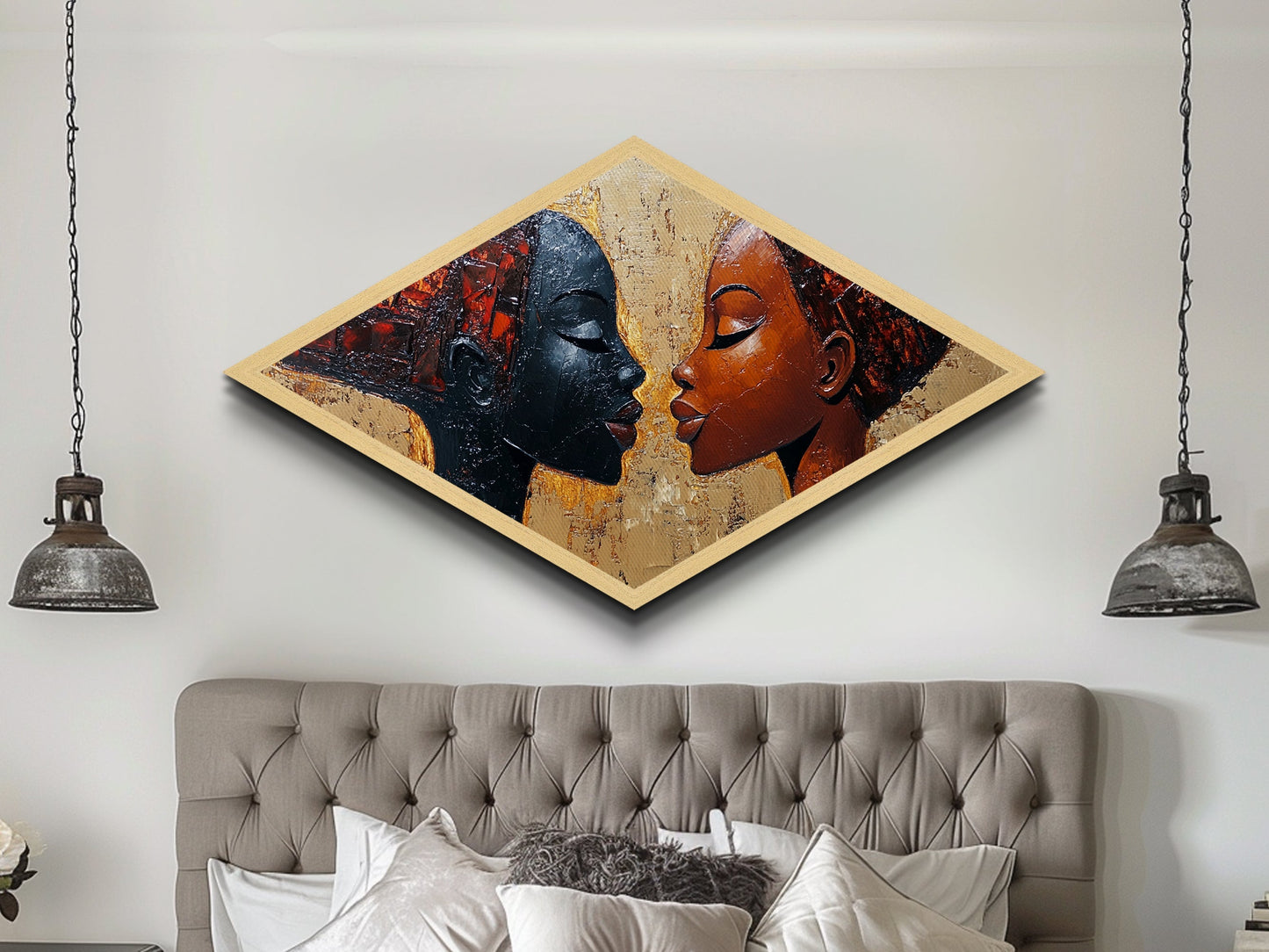 Radiant Unity - Diamond Shaped Canvas Embossed Print Modern Afrocentric Art Bedroom Wall Decor Couple Gift Bold Abstract Expression