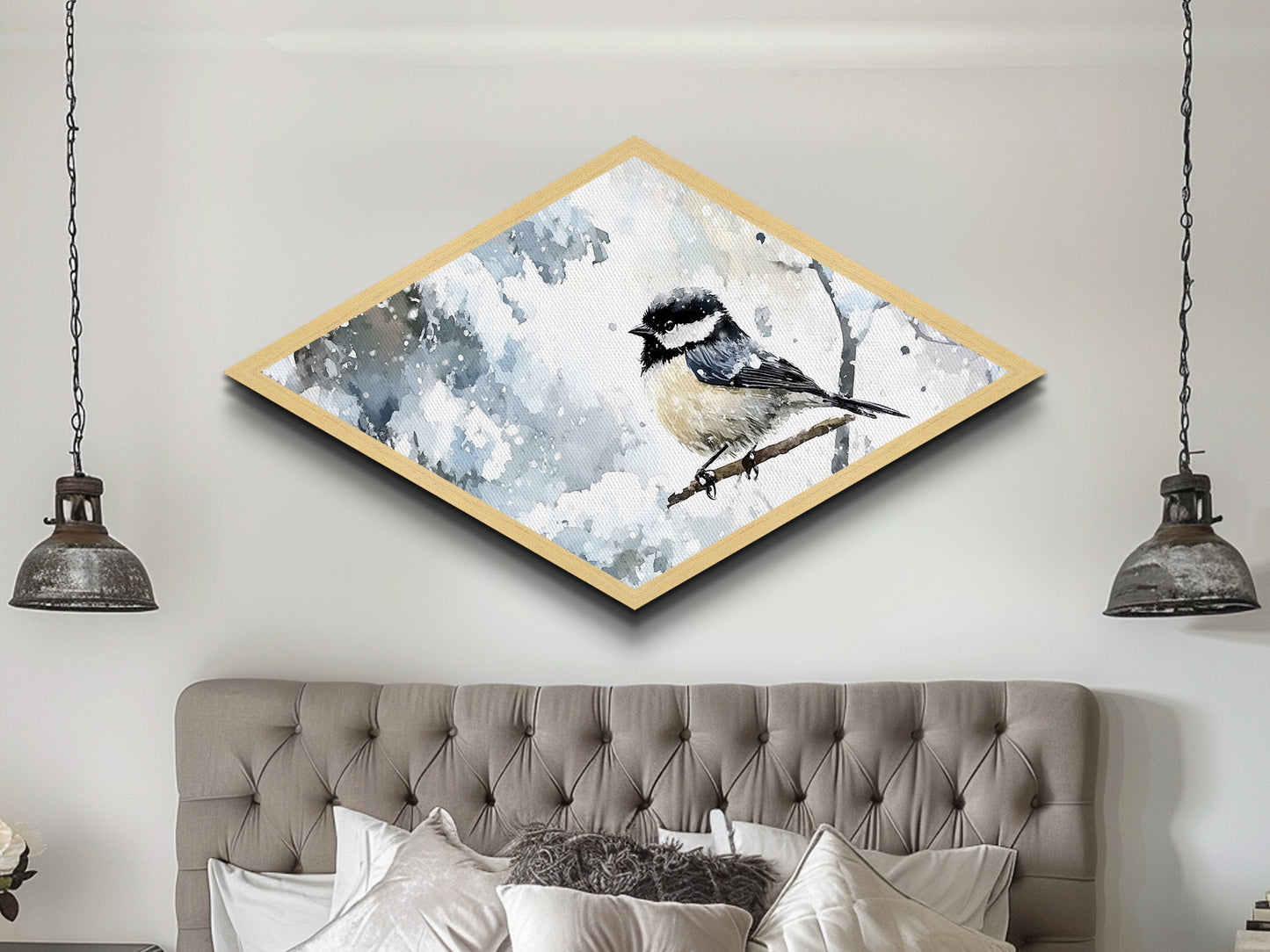 Winter Perch - Diamond Shaped Canvas Textured Print Snowy Bird Wall Art Woodland Wildlife Christmas Cabin Nature Room Accent