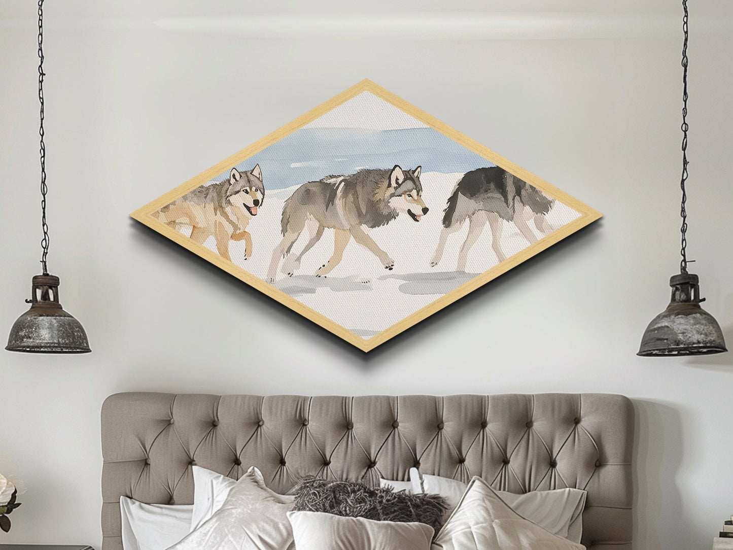 Wolf Pack In The Snow, Framed Canvas Print, Beautiful Watercolor Painting Of Wolves, Canvas Art Print, Diamond Shaped Art