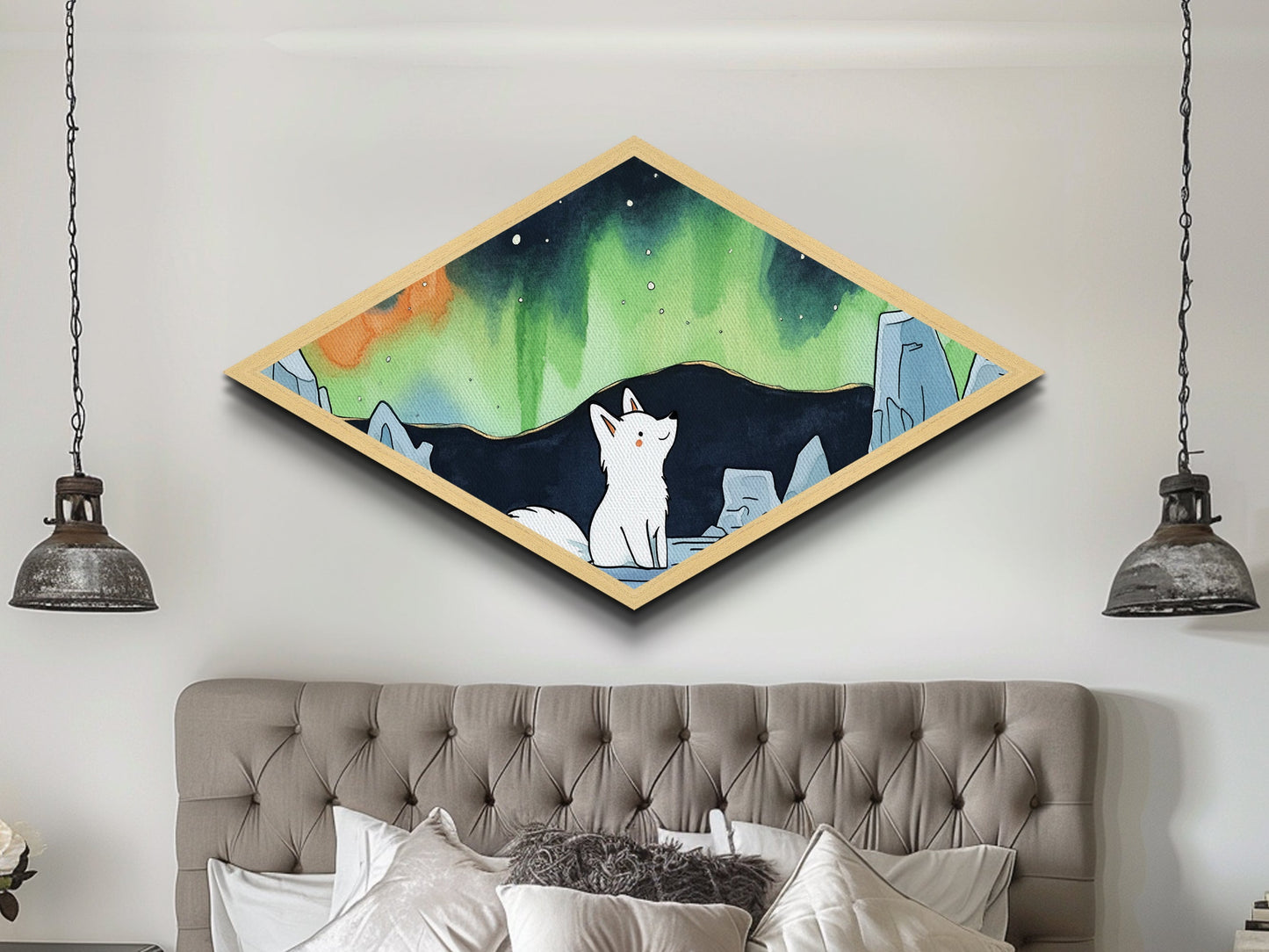 Cute Wolf Cub Under The Northern Lights, Diamond Shaped Canvas Texture Art Print, Coastal Boho Decor