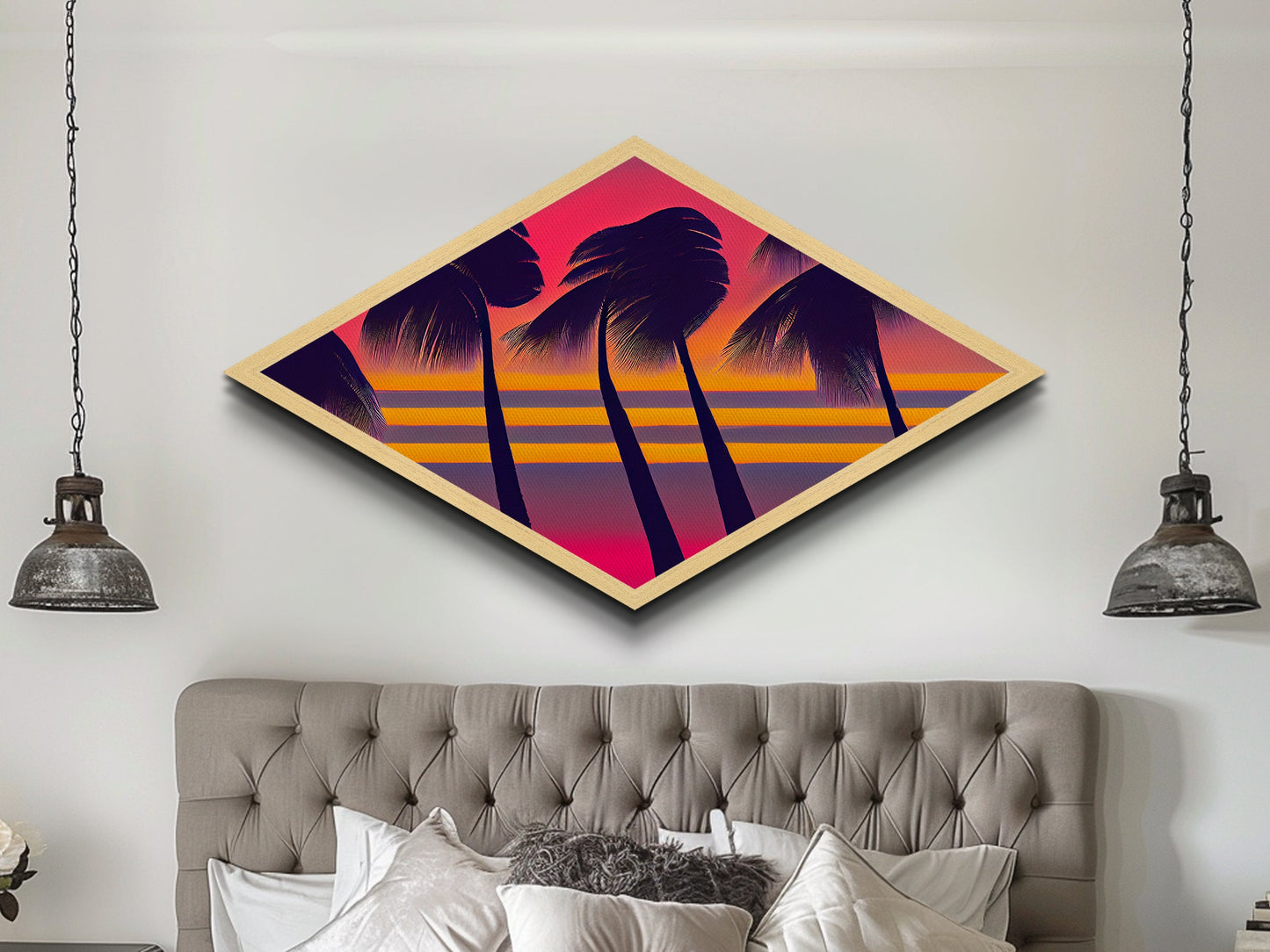 MCM Palm Trees Framed Canvas Art Print - Diamond Shaped Art - Retro Synthwave Home Decor