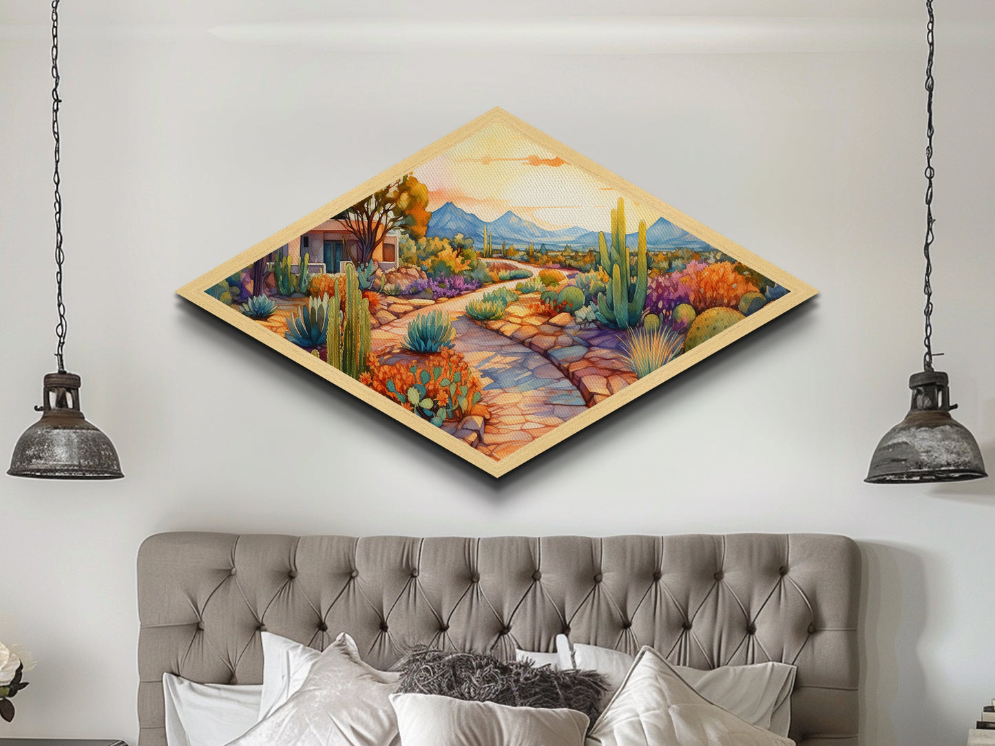 Southwest Garden Retreat Diamond Shaped Canvas Art Print desert botanical cacti and succulents colorful landscape art decor accent