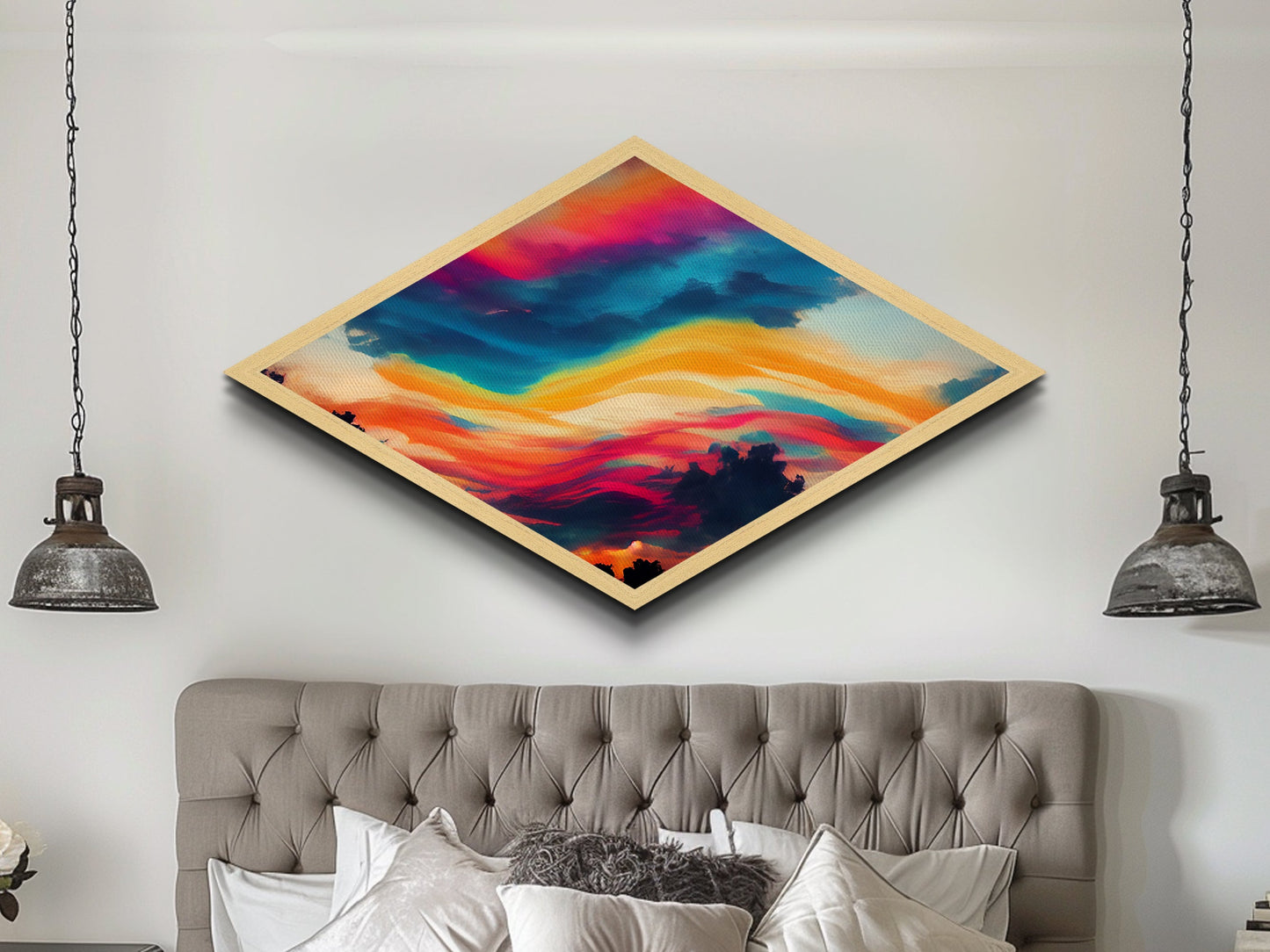 Technicolor Sky Dream Diamond Shaped Canvas Art Print abstract vibrant swirling clouds sunset landscape surreal wall decor gift
