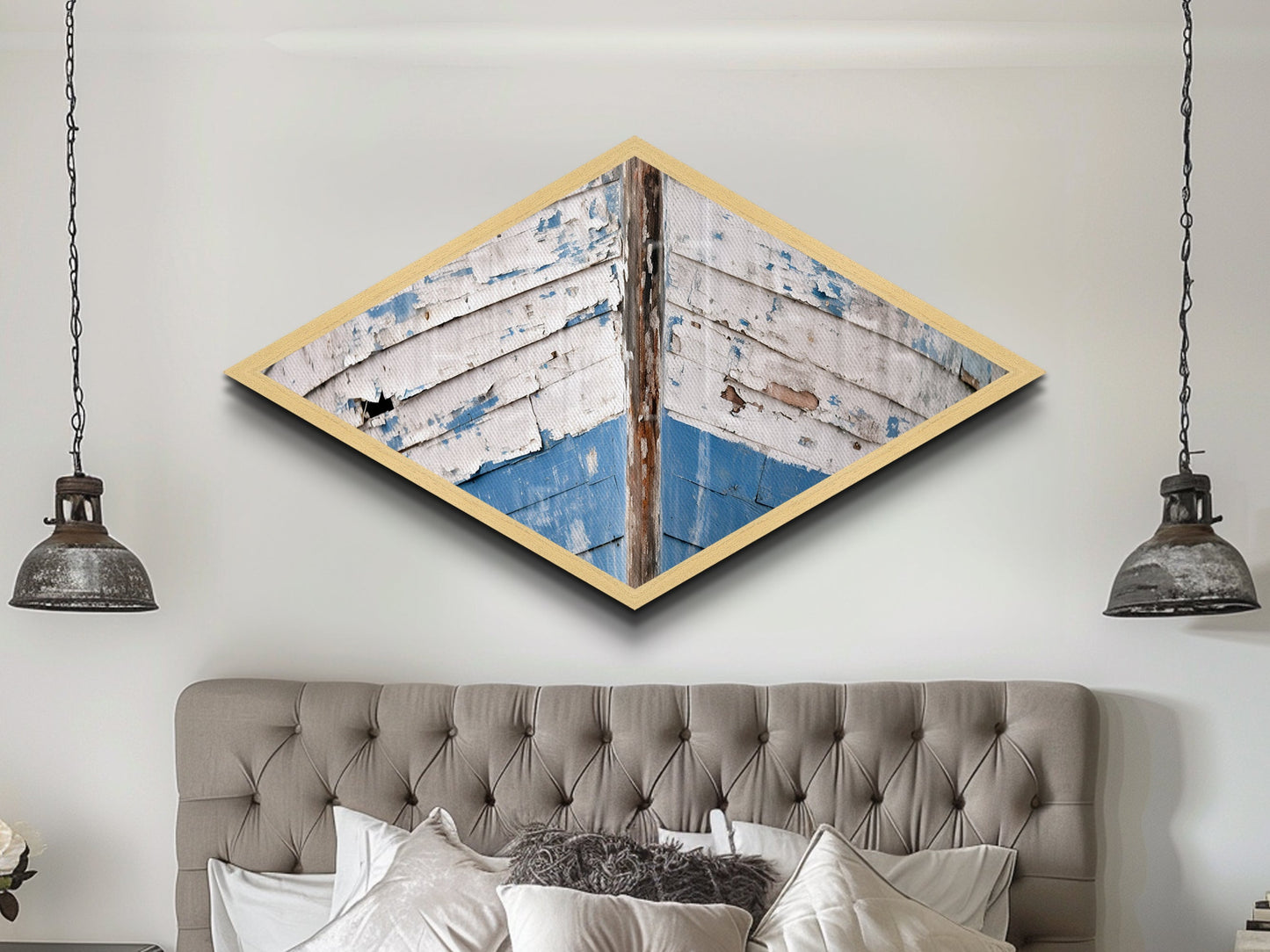 Distressed Vessel Edge Diamond Shaped Canvas Art Print coastal ship hull rustic weathered nautical marine decor blue tones boatfront
