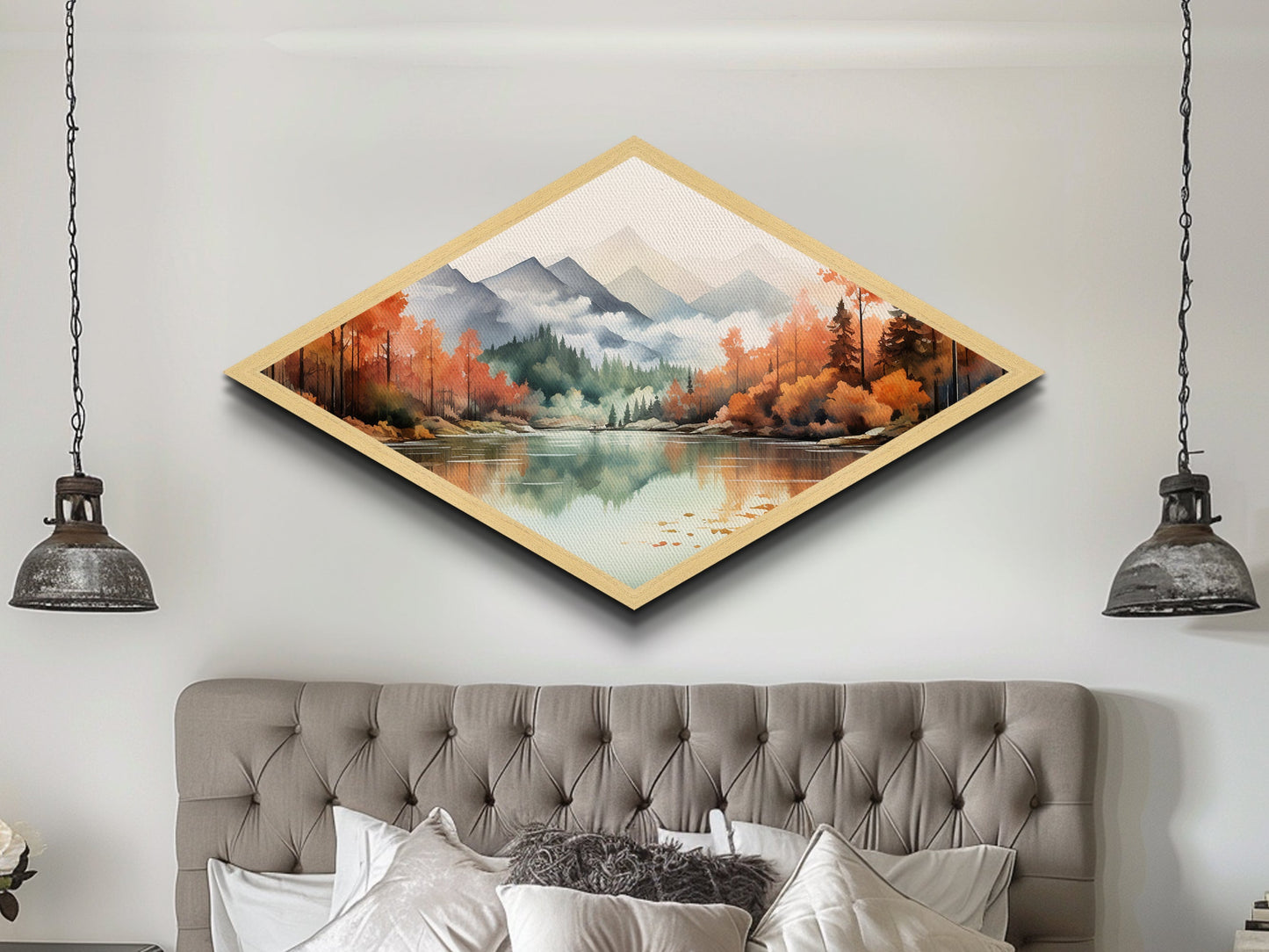 Diamond Shaped Winter Forest Mosaic Canvas Textured Print Snowy Landscape Sunset Trees Stained Glass Look Seasonal Home Wall Art