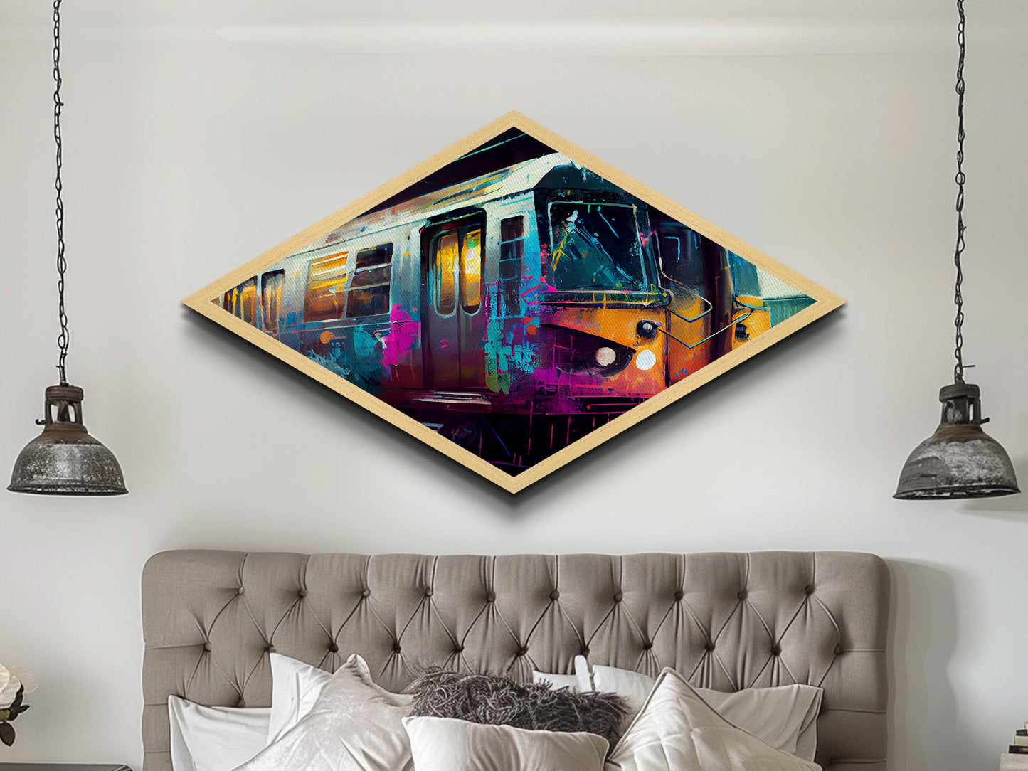 Color Splashed Metro – Diamond Shaped Street Art Subway Canvas Embossed Print, Vibrant Urban Train Graffiti Home Accent