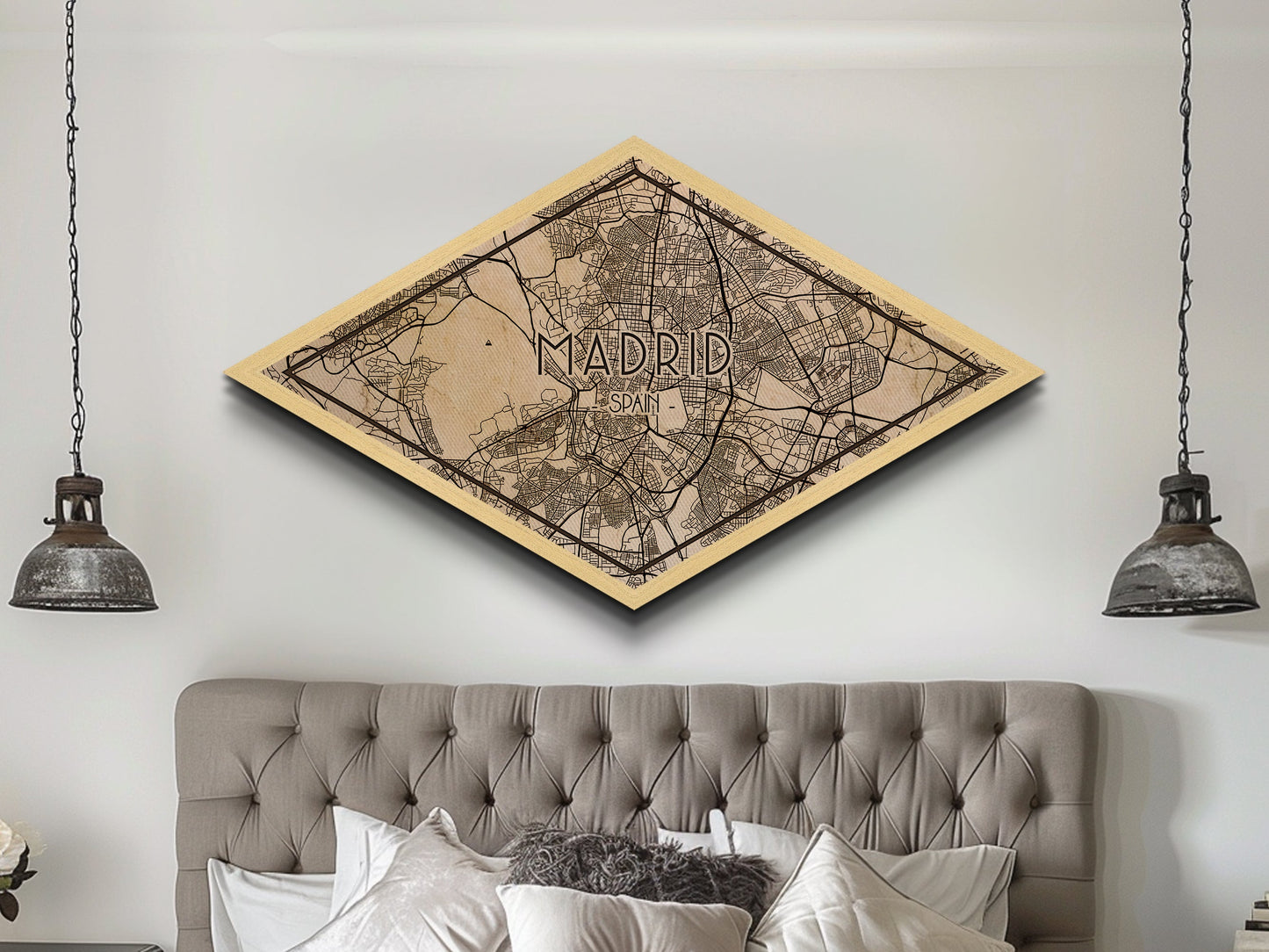 Madrid - Spain Diamond Shaped City Map, Custom Diamond Shaped Wall Art, City Map Canvas