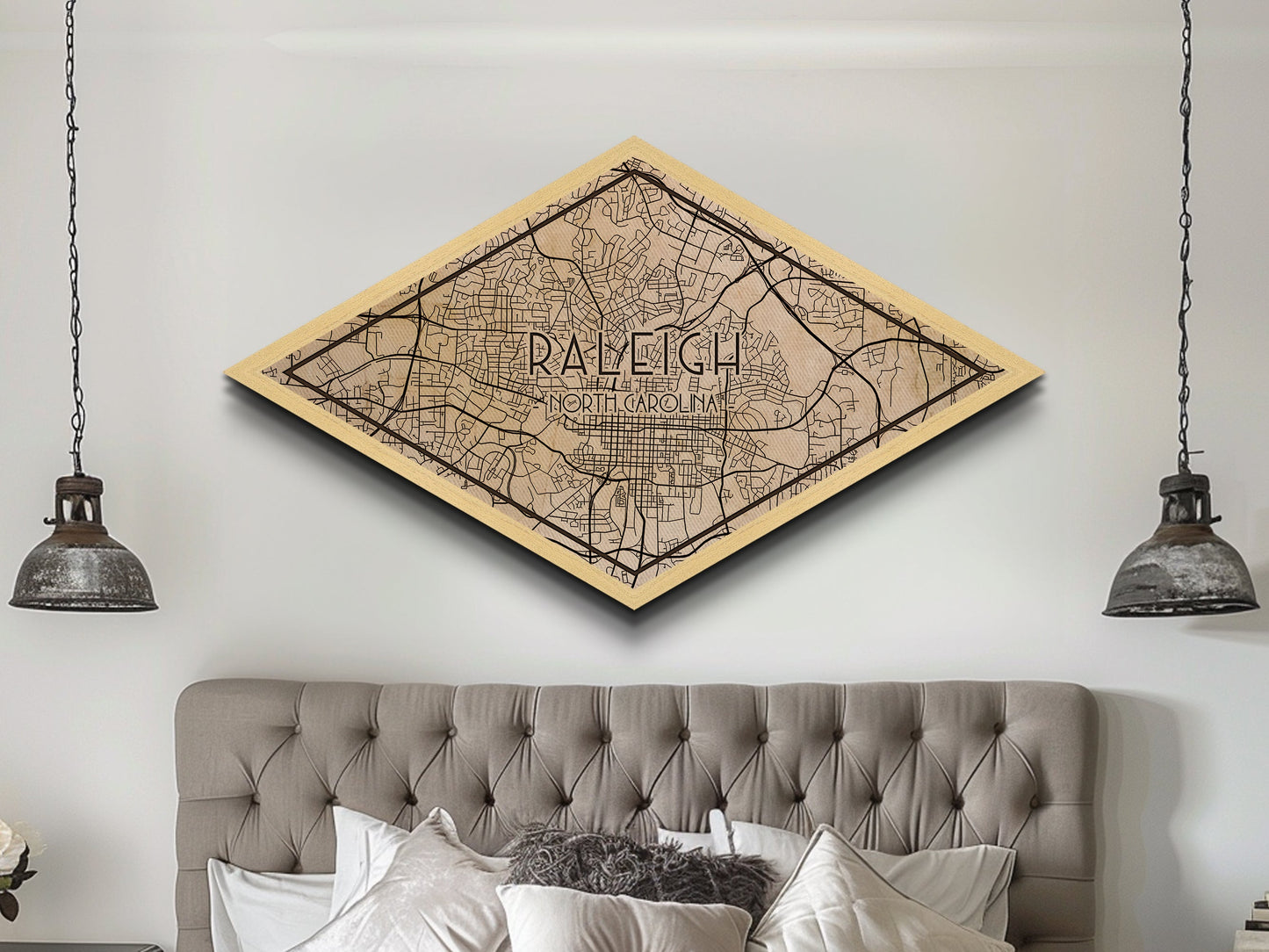 Raleigh Diamond Shaped City Map, Custom Diamond Shaped Wall Art, City Map Canvas