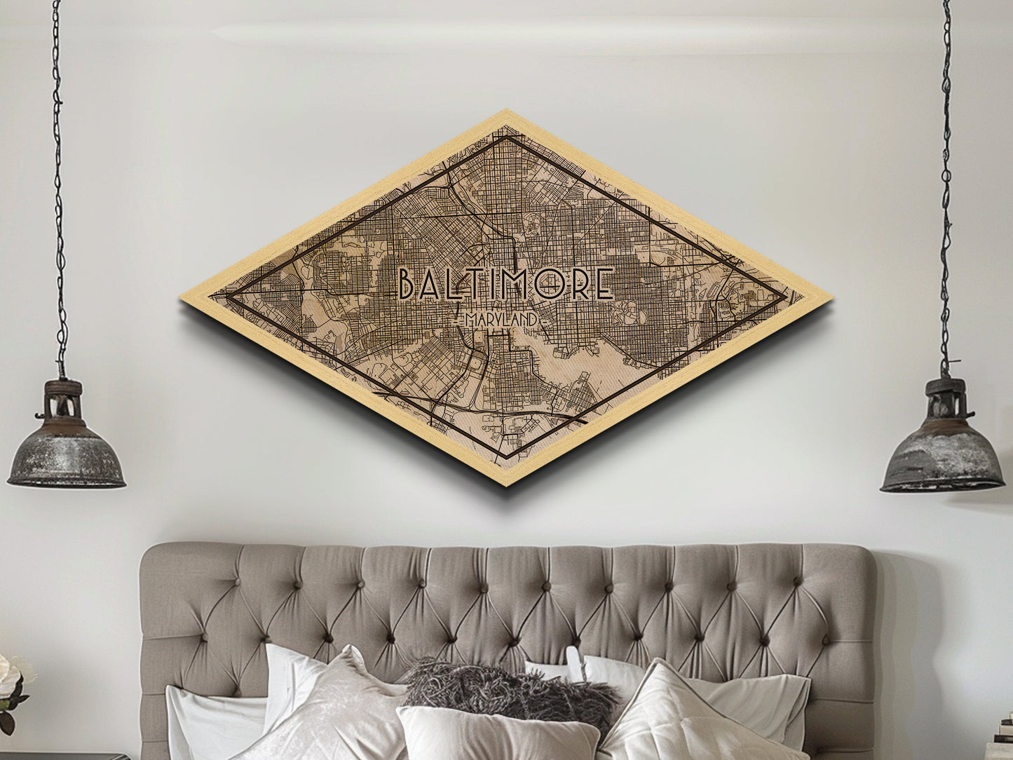 Baltimore Diamond Shaped City Map, Custom Diamond Shaped Wall Art, City Map Canvas