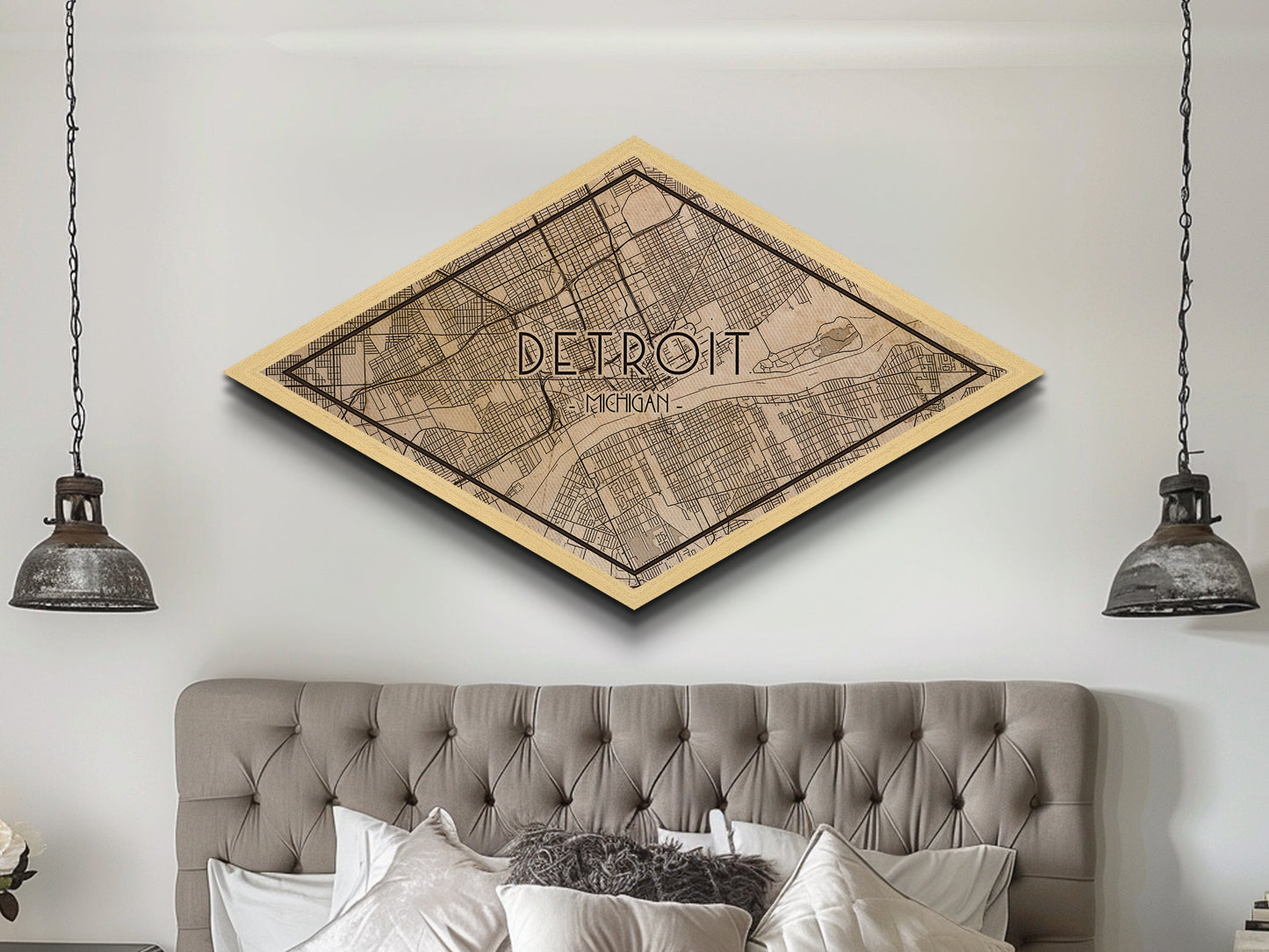 Detroit Diamond Shaped City Map, Custom Diamond Shaped Wall Art, City Map Canvas