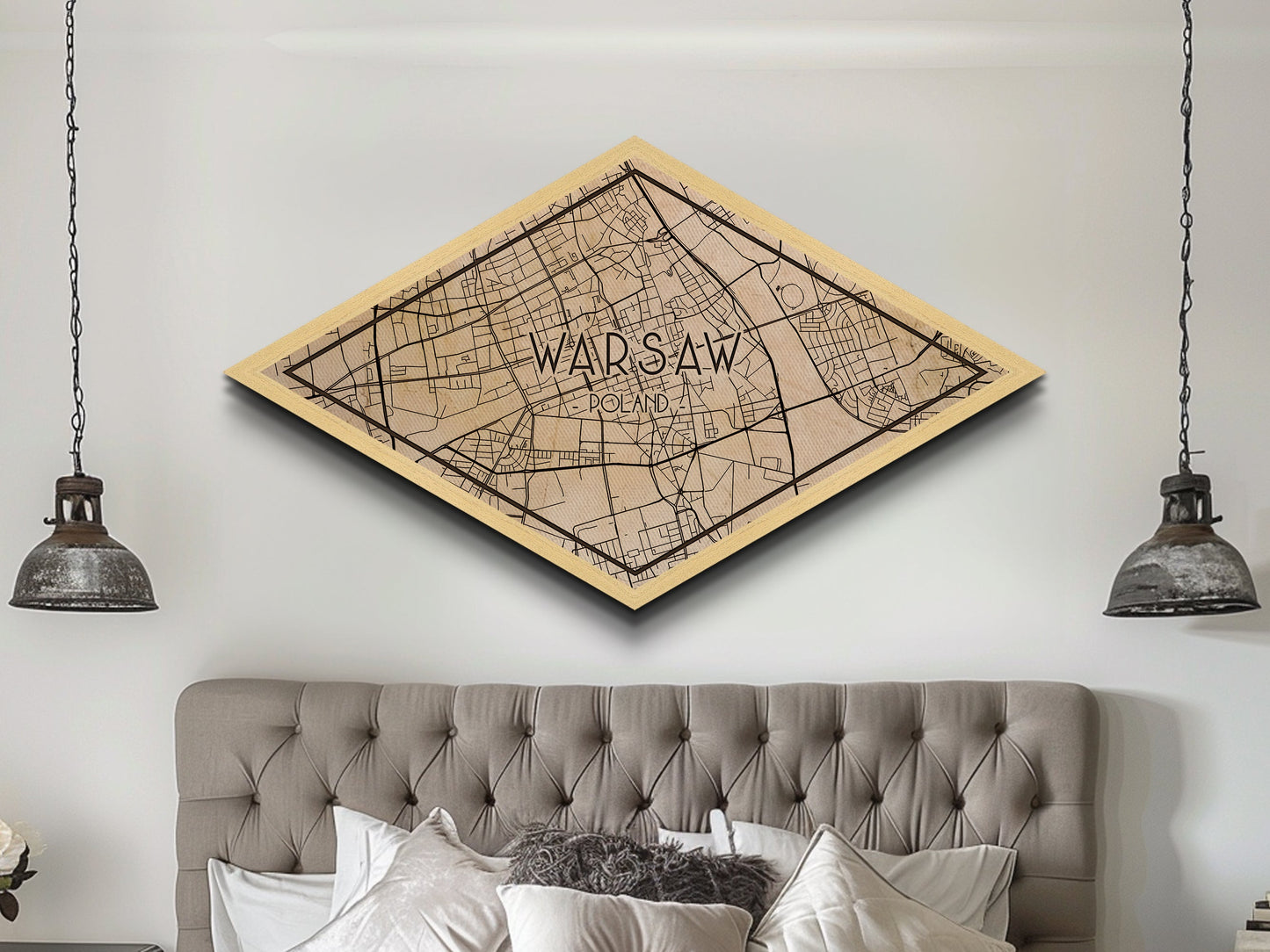 Warsaw - Poland Diamond Shaped City Map, Custom Diamond Shaped Wall Art, City Map Canvas