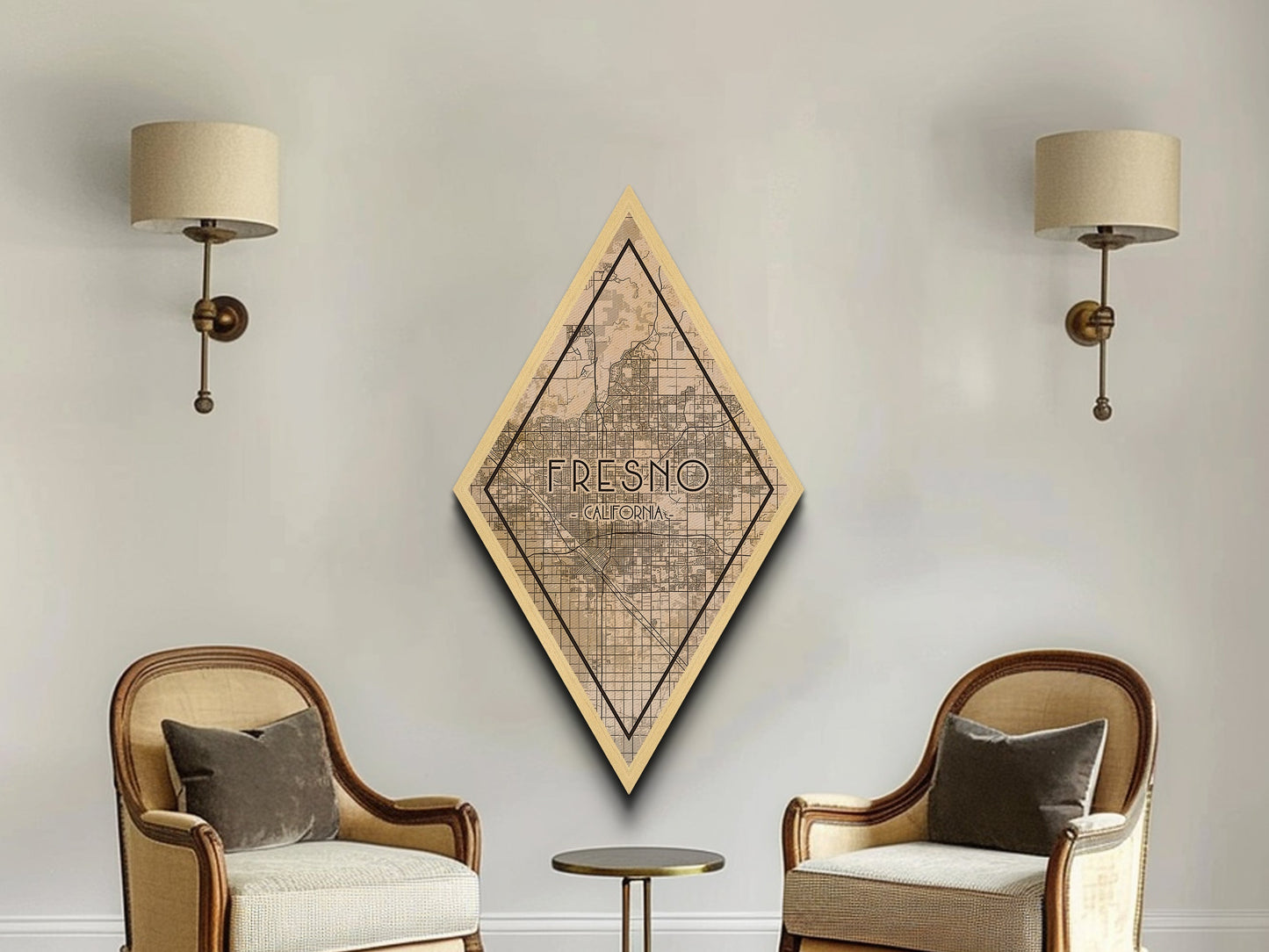 Fresno Diamond Shaped Travel Poster, Custom Diamond Shaped Wall Art, City Map Canvas