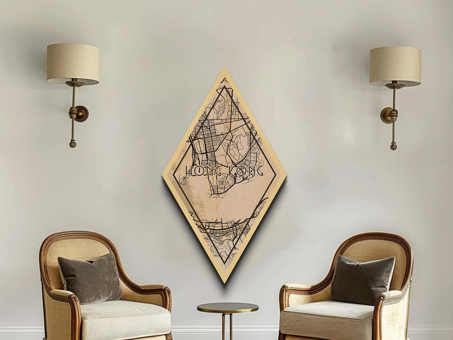 Hongkong-Reiseposter in Rautenform, individuelle Wanddekoration in Rautenform, Stadtplan auf Leinwand