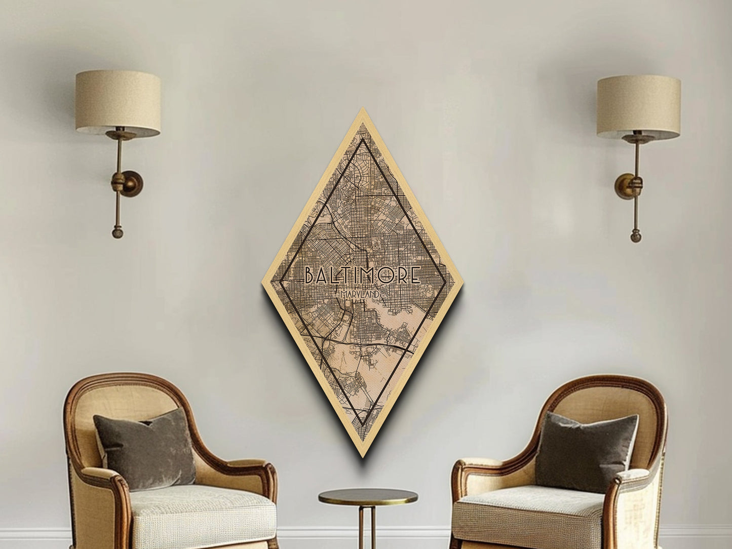 Baltimore Diamond Shaped Travel Poster, Custom Diamond Shaped Wall Art, City Map Canvas