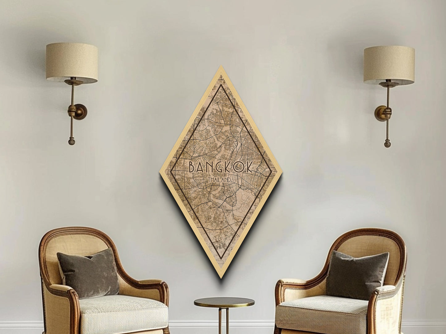 Bangkok - Thailand Diamond Shaped Travel Poster, Custom Diamond Shaped Wall Art, City Map Canvas