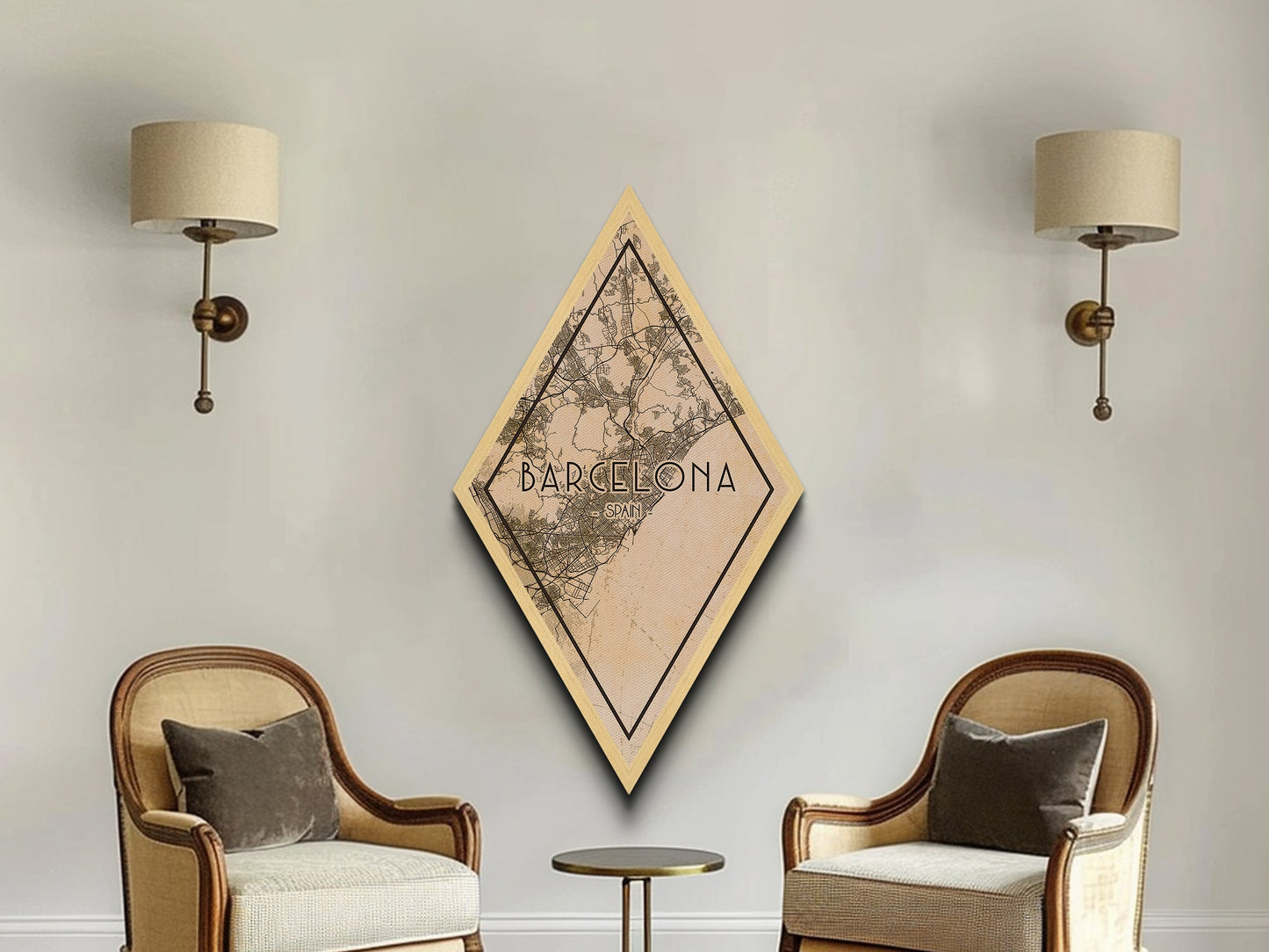 Barcelona - Spain Diamond Shaped Travel Poster, Custom Diamond Shaped Wall Art, City Map Canvas