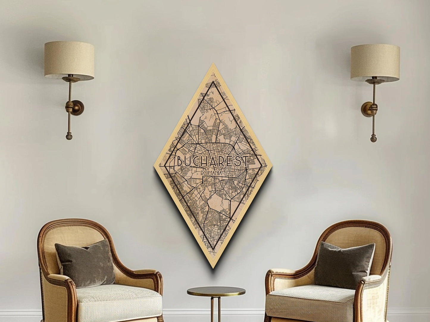 Bucharest - Romania Diamond Shaped Travel Poster, Custom Diamond Shaped Wall Art, City Map Canvas