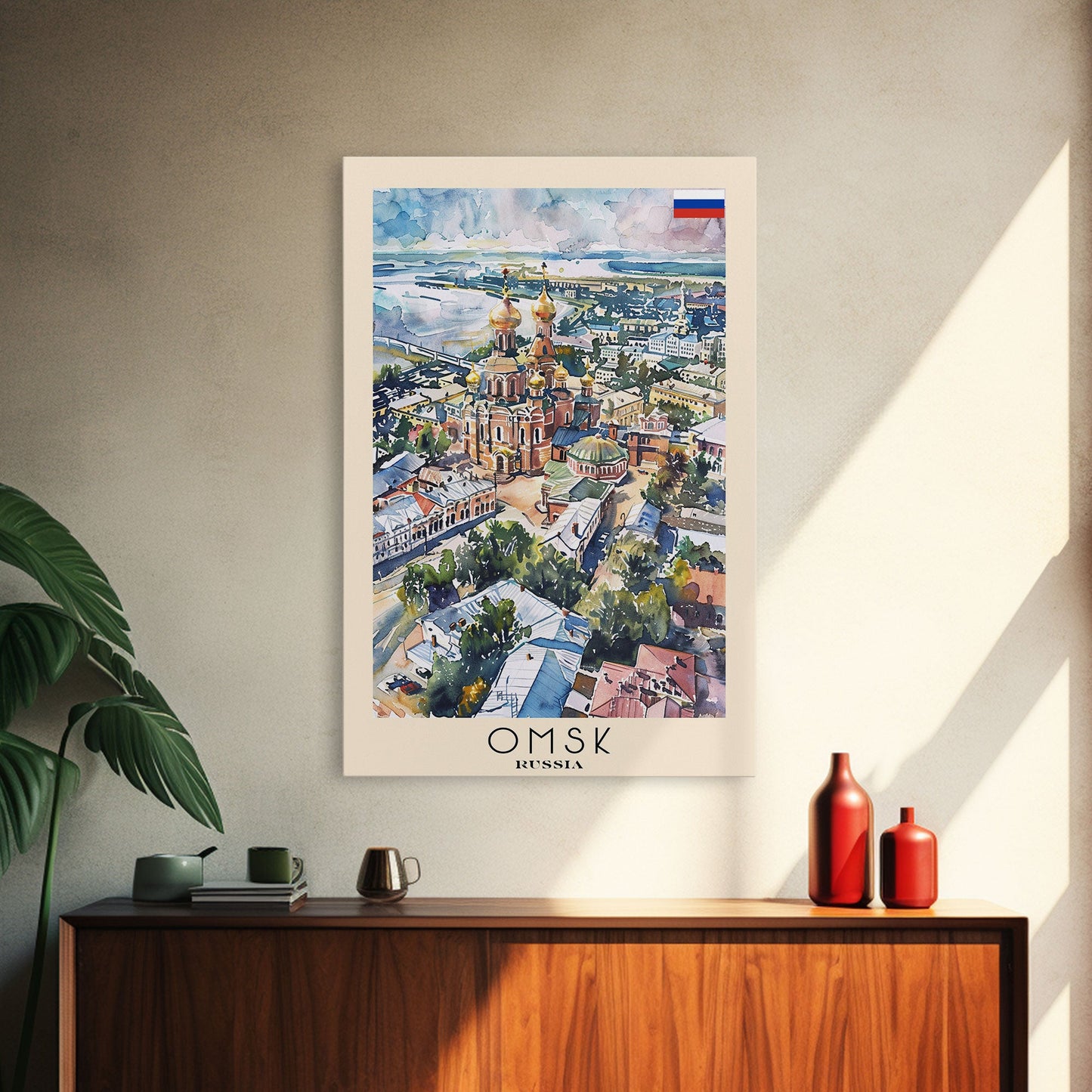 Omsk Russia Travel Poster Framed Canvas Print, Watercolor Painting, Urban Wall Art, Home Decor, Russian Cityscape, Modern Art