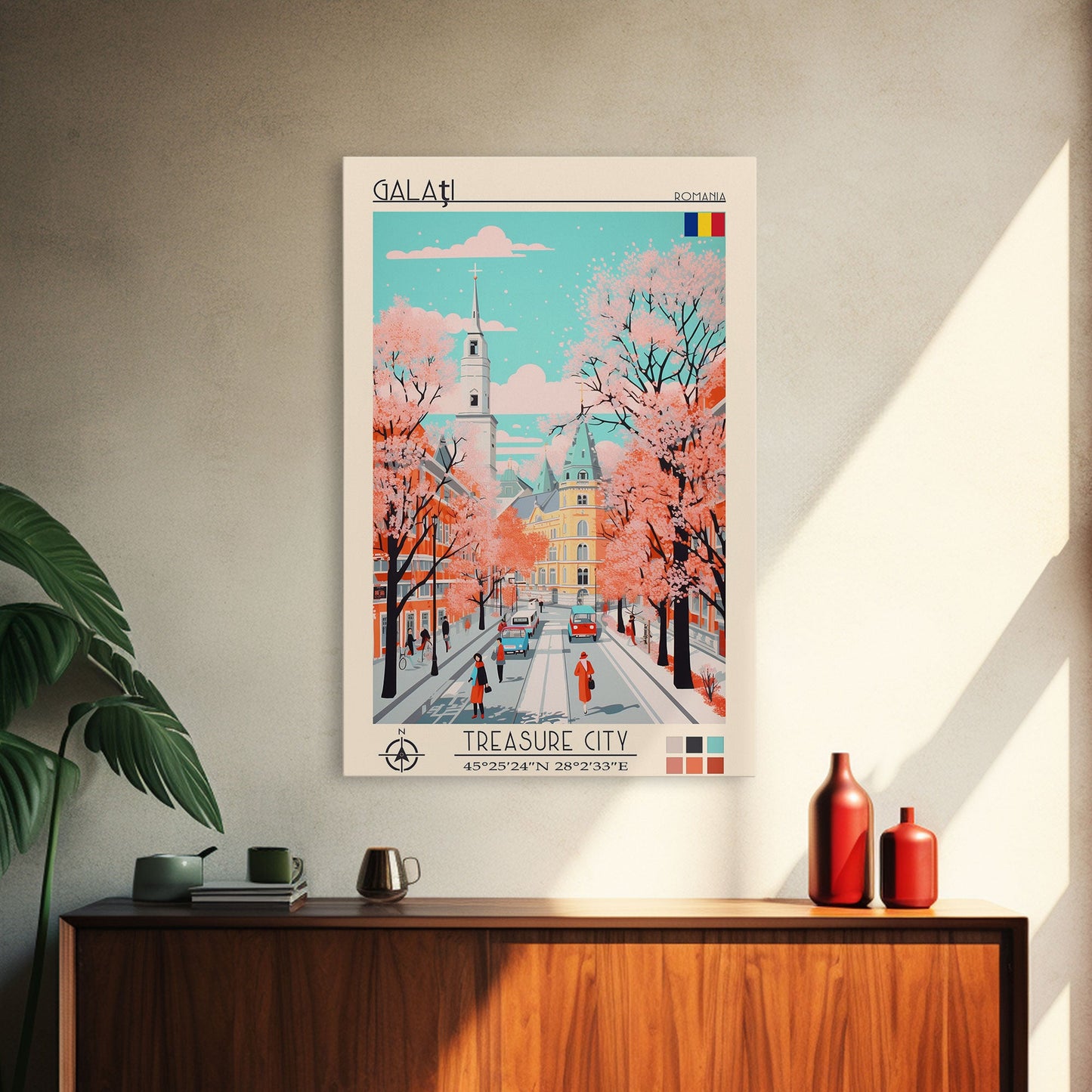 Galați Romania Travel Poster Framed Canvas Print, Midcentury Modern Art, Pop Art Wall Decor, Scenic Wall Art, Bedroom Decoration, Office Art
