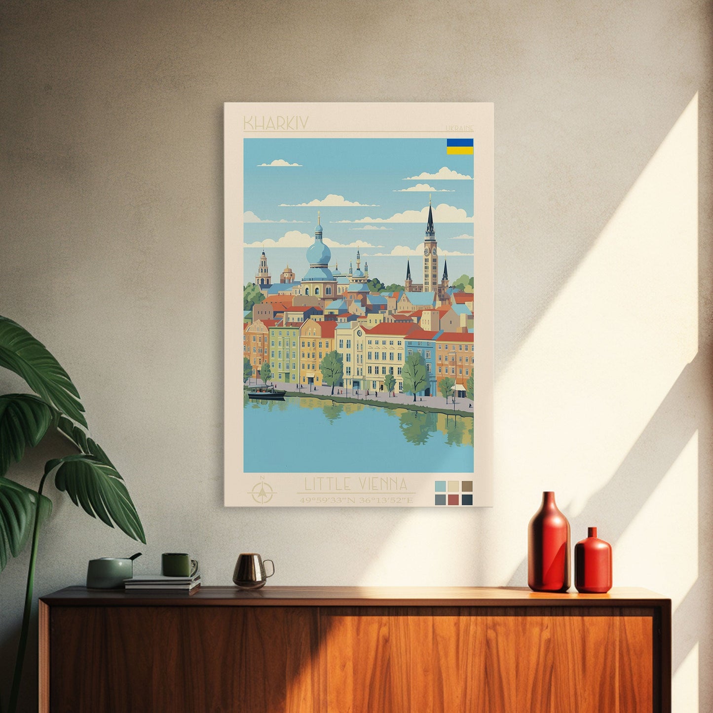 Kharkiv Ukraine Travel Poster Framed Canvas Print, Midcentury Modern Art, Pop Art Wall Decor, Scenic Living Room Art, Bedroom Gift