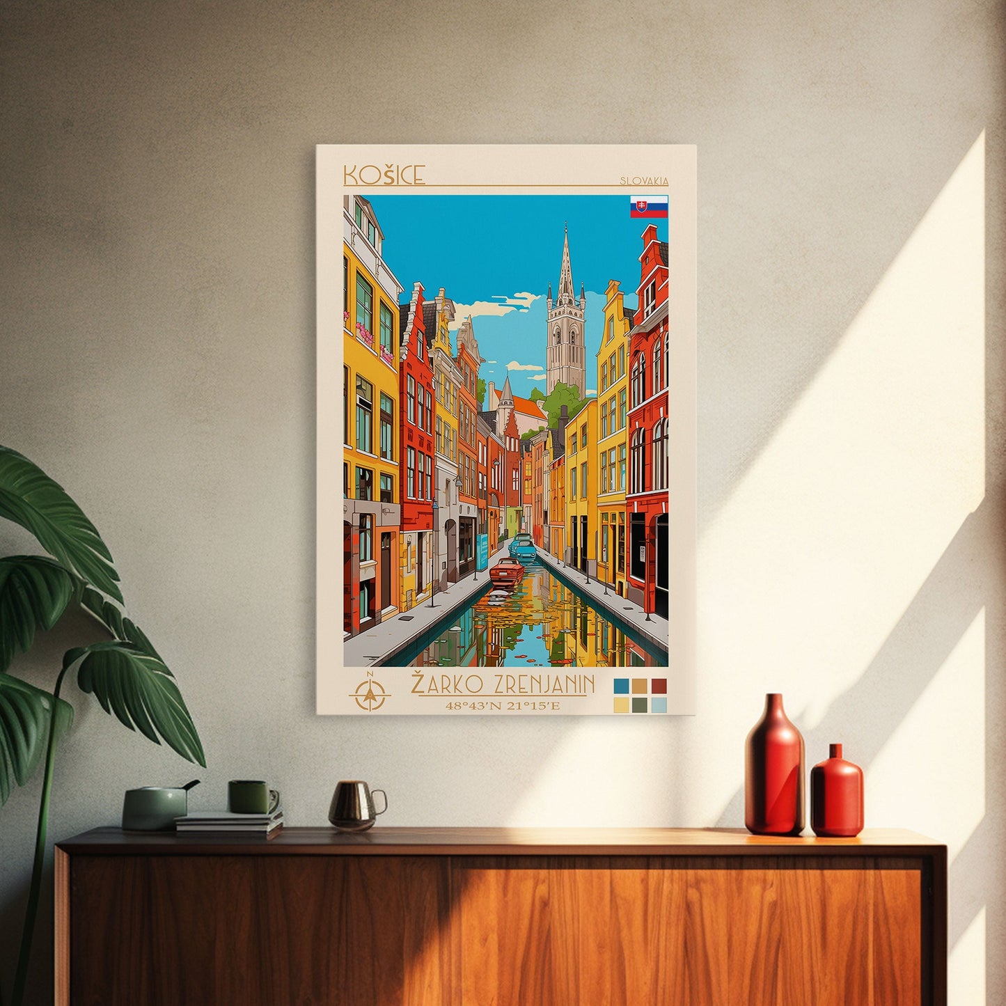 Košice Slovakia Travel Poster Framed Canvas Print, Midcentury Modern Art, Pop Art Wall Decor, Scenic Living Room Art, Bedroom Gift