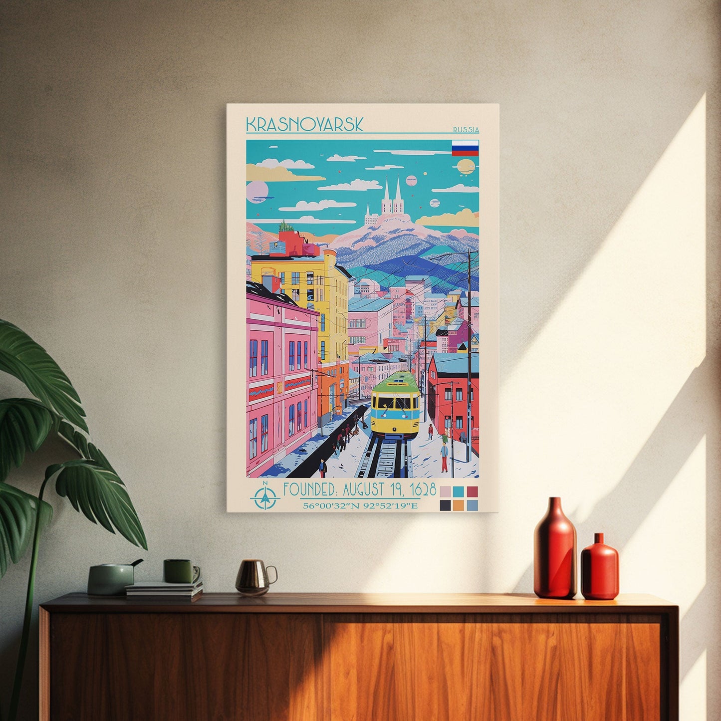 Krasnoyarsk Russia Travel Poster Framed Canvas Print, Midcentury Modern Art, Pop Art Wall Decor, Scenic Bedroom Art, Office Decoration