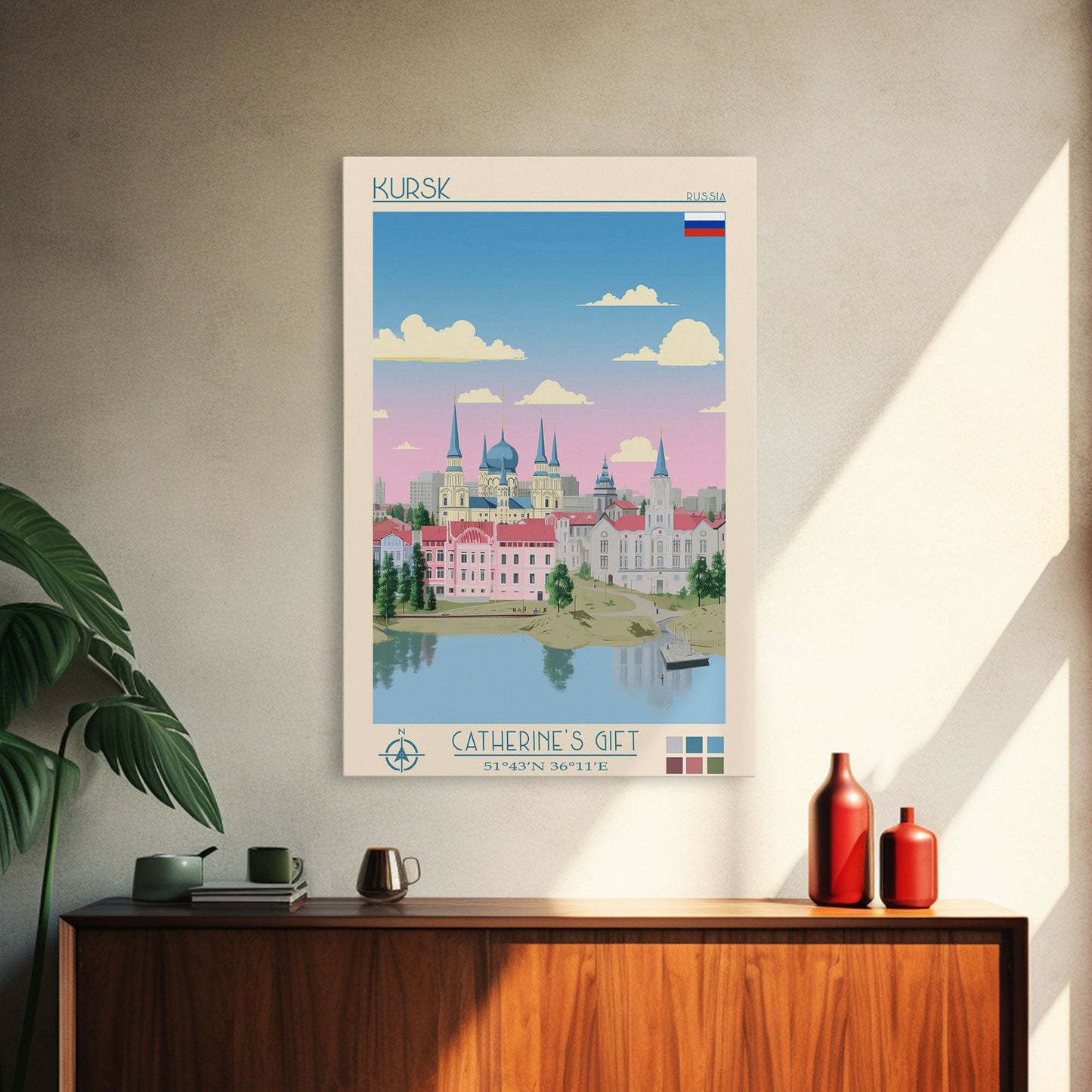Kursk Russia Travel Poster Framed Canvas Print, Midcentury Modern Art, Pop Art Wall Decor, Scenic Bedroom Art, Office Decoration